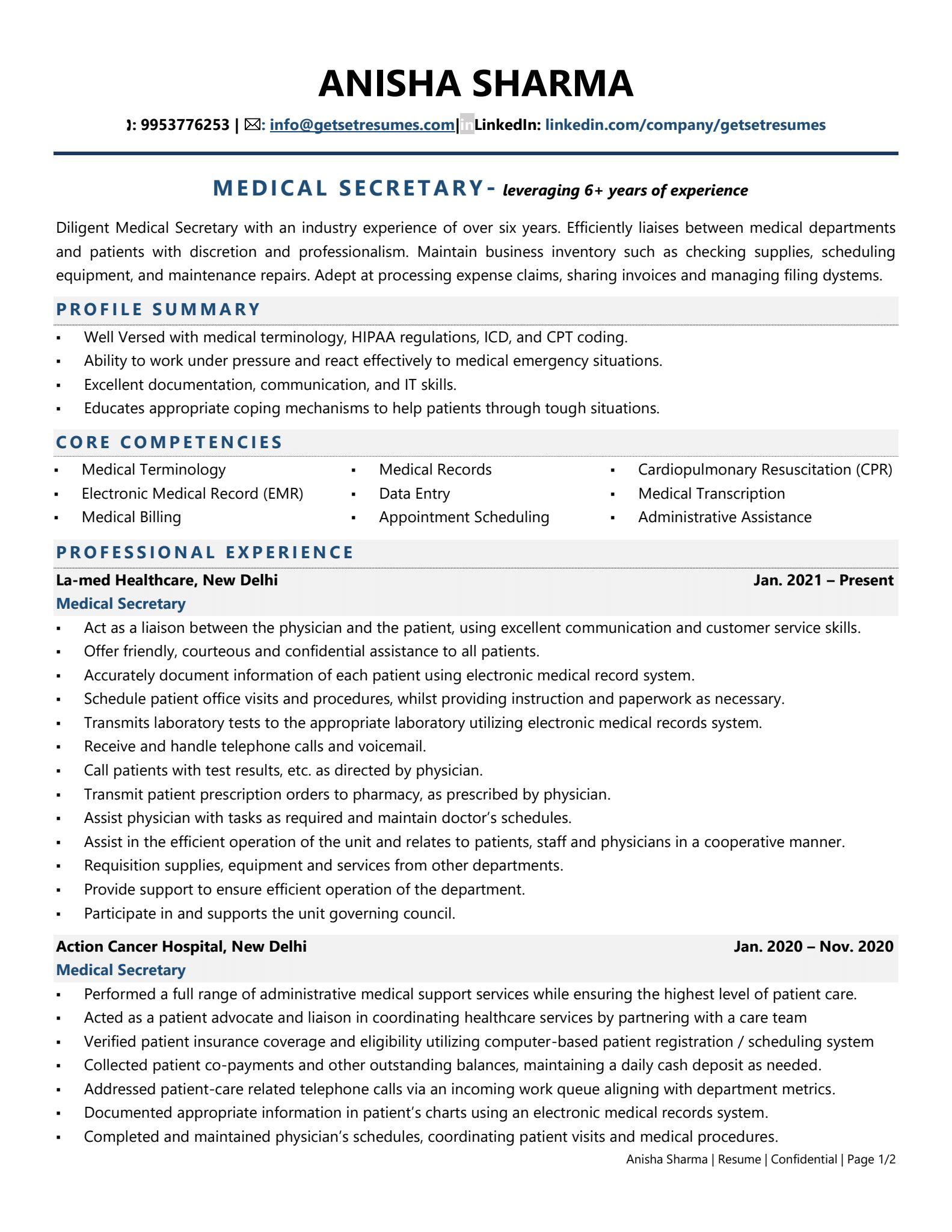 sample resume for medical secretary receptionist