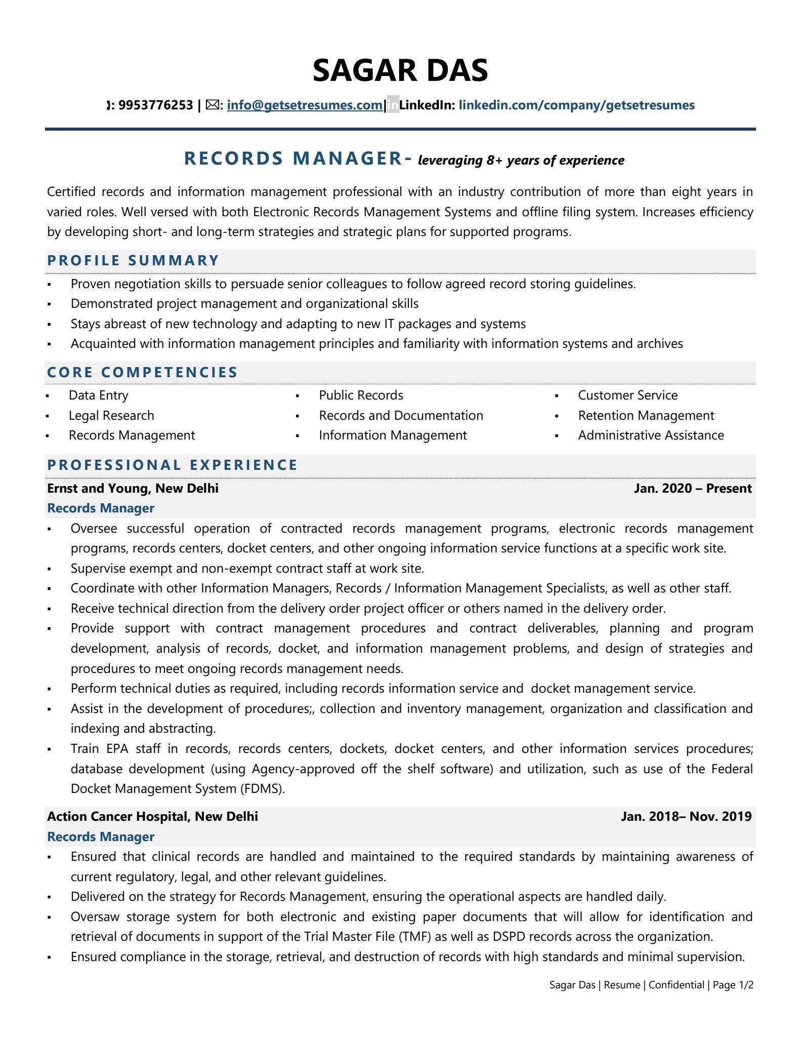 Records Manager - Resume Example & Template