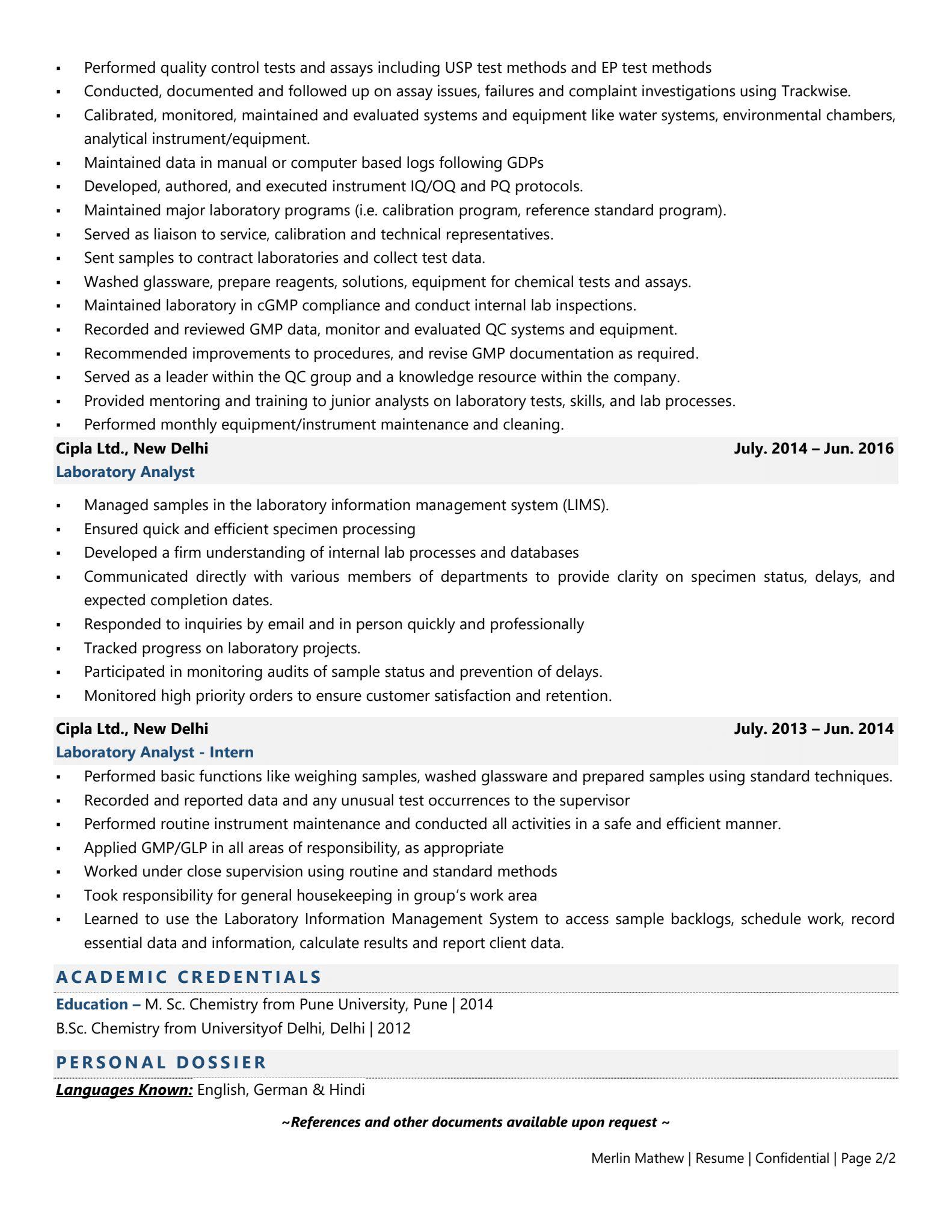 Laboratory Analyst - Resume Example & Template