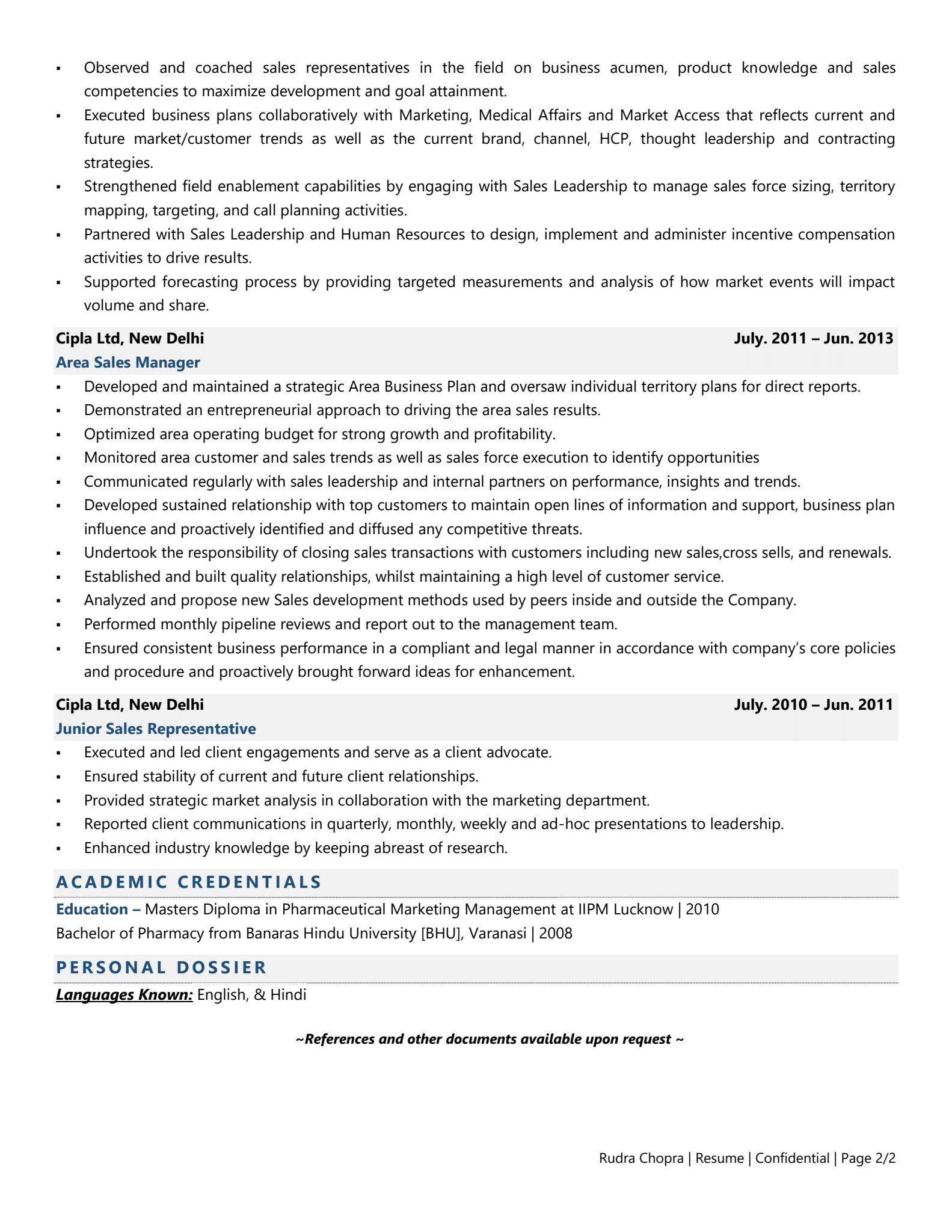 National Director of Sales (Pharma) - Resume Example & Template
