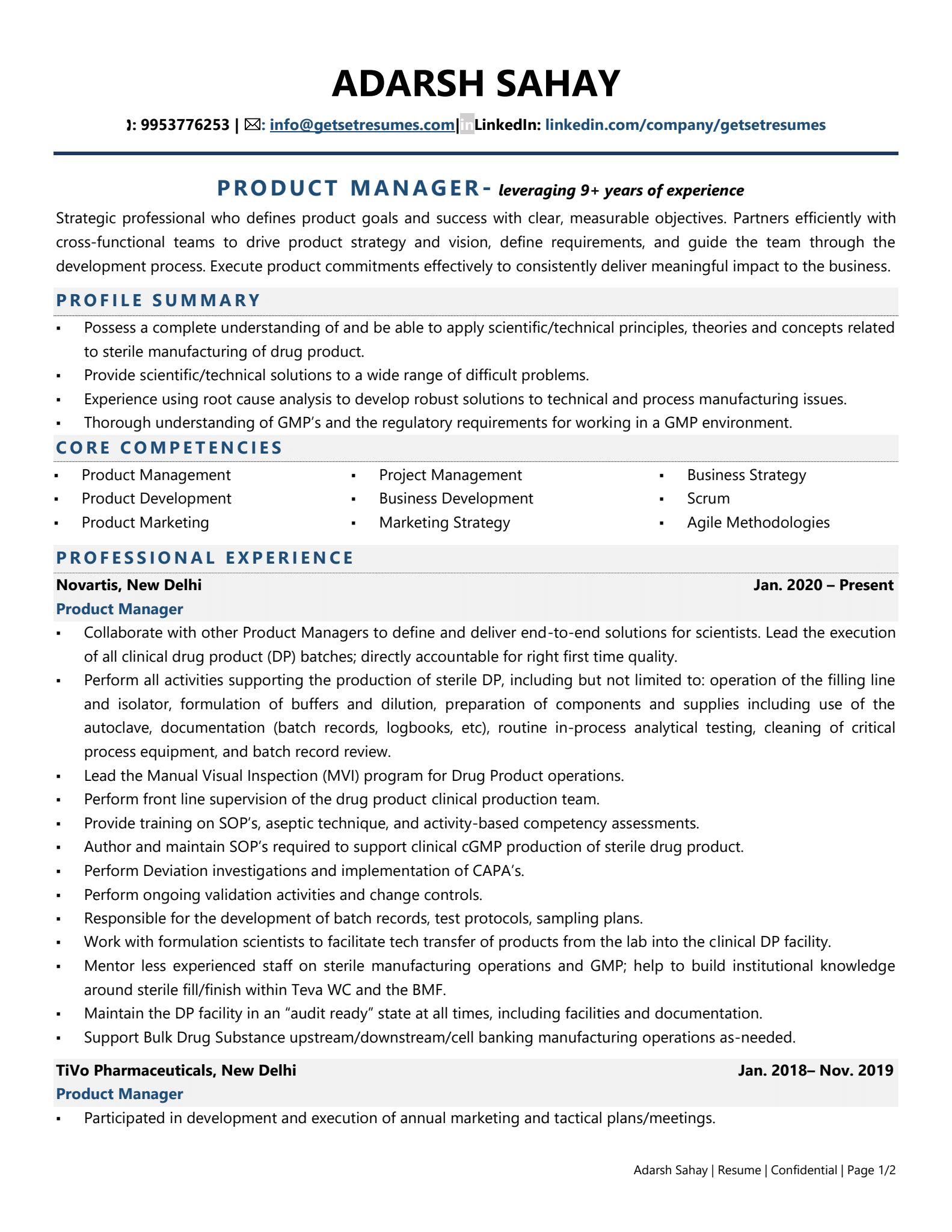 Pharma Product Manager - Resume Example & Template