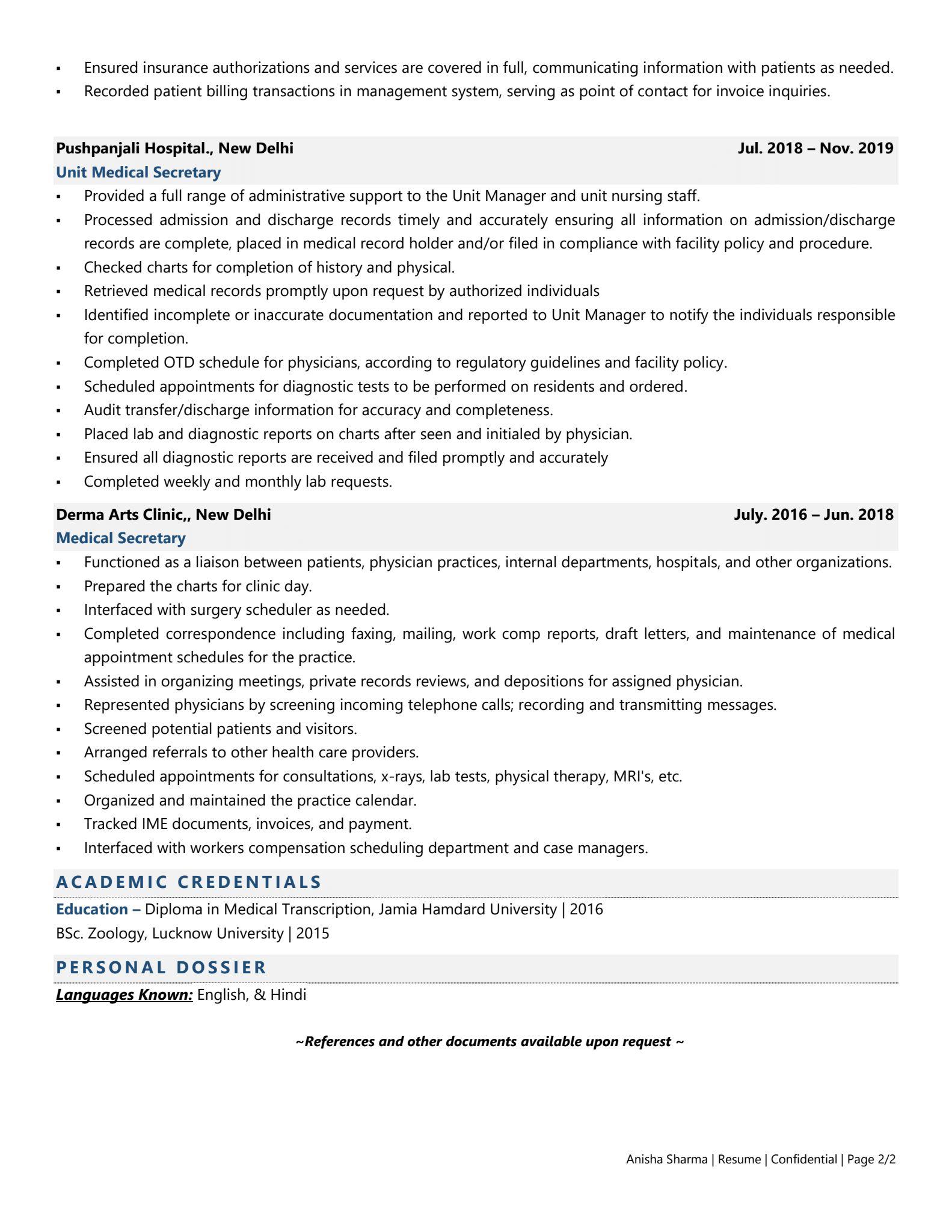 resume examples for medical secretary