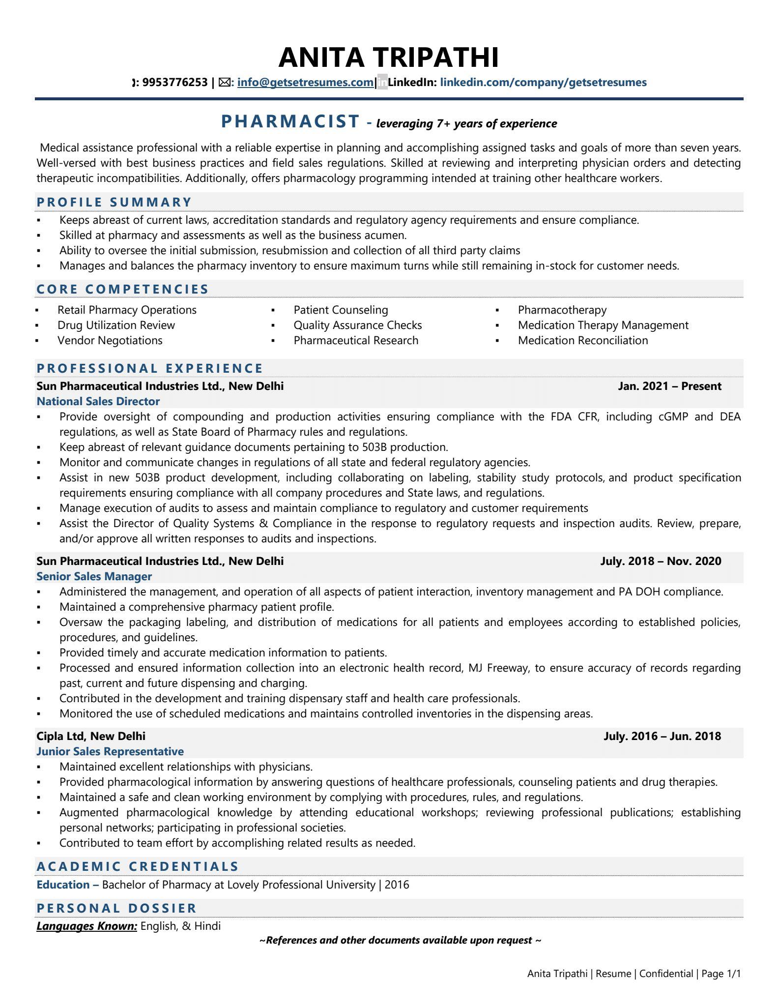 Pharmacist - Resume Example & Template