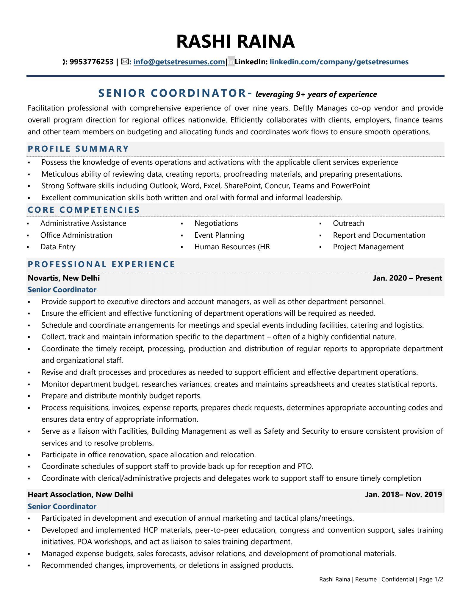 Senior Coordinator - Resume Example & Template