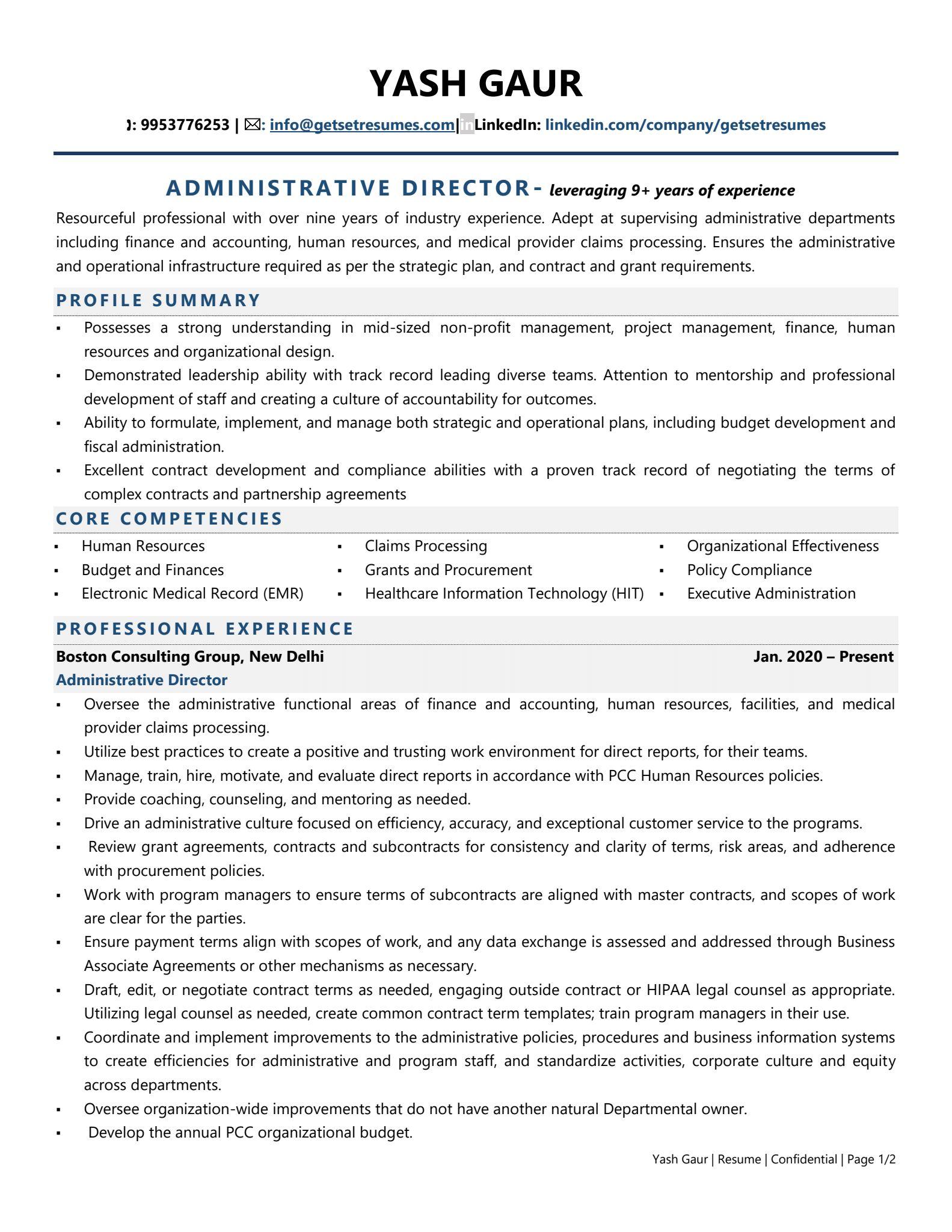 Administrative Director - Resume Example & Template