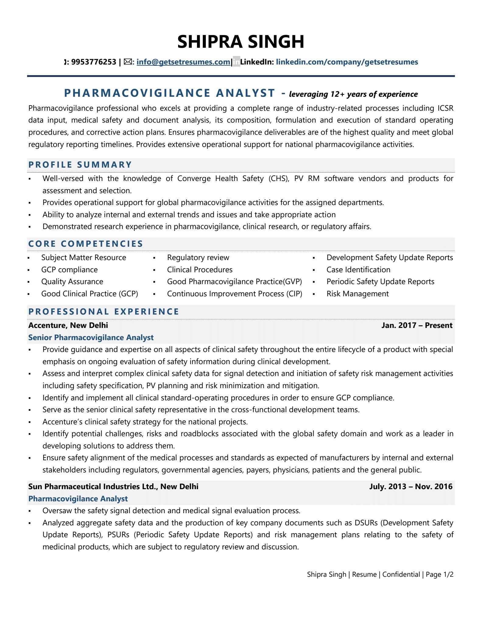 Pharmacovigilance Analyst - Resume Example & Template