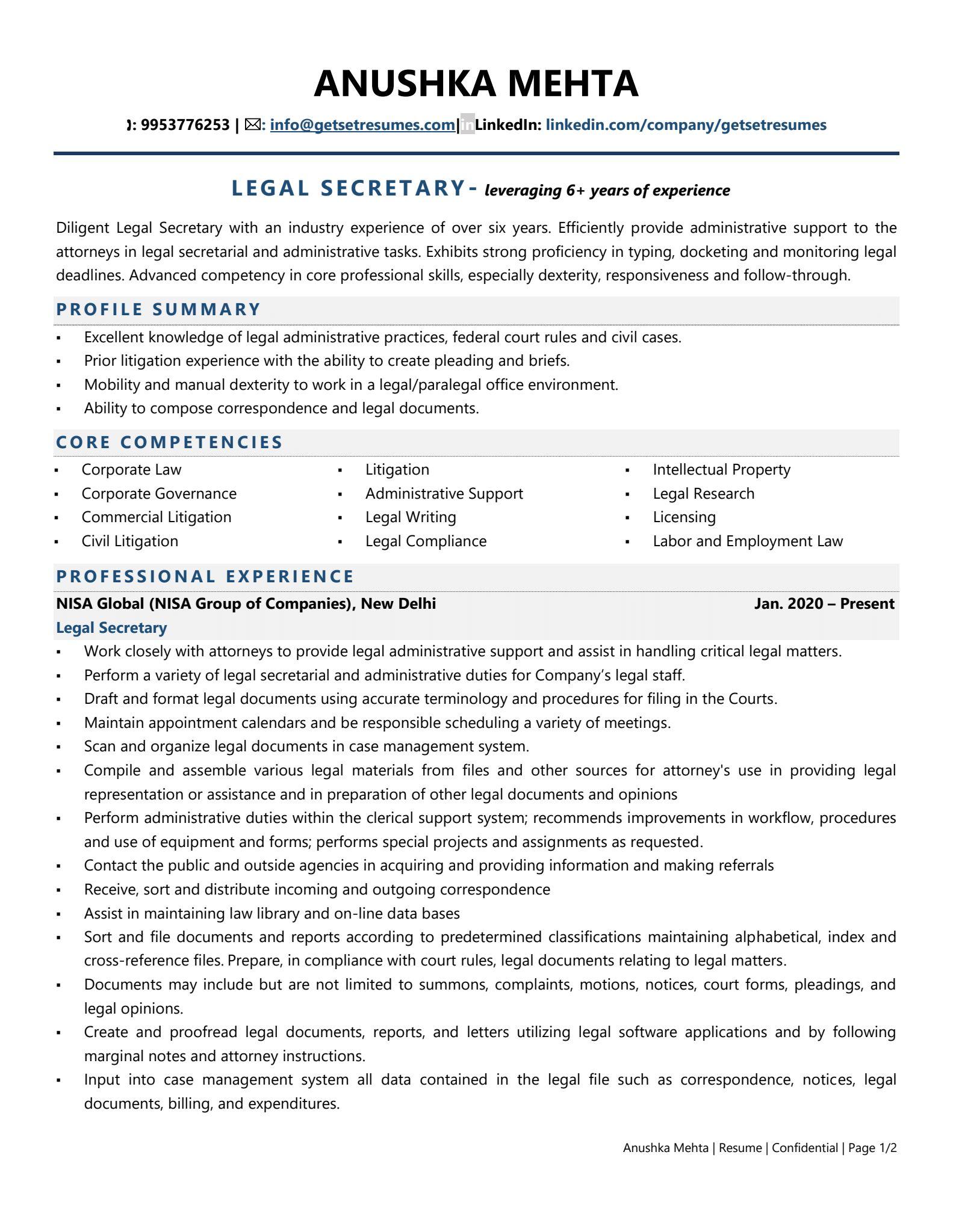 Legal Secretary - Resume Example & Template