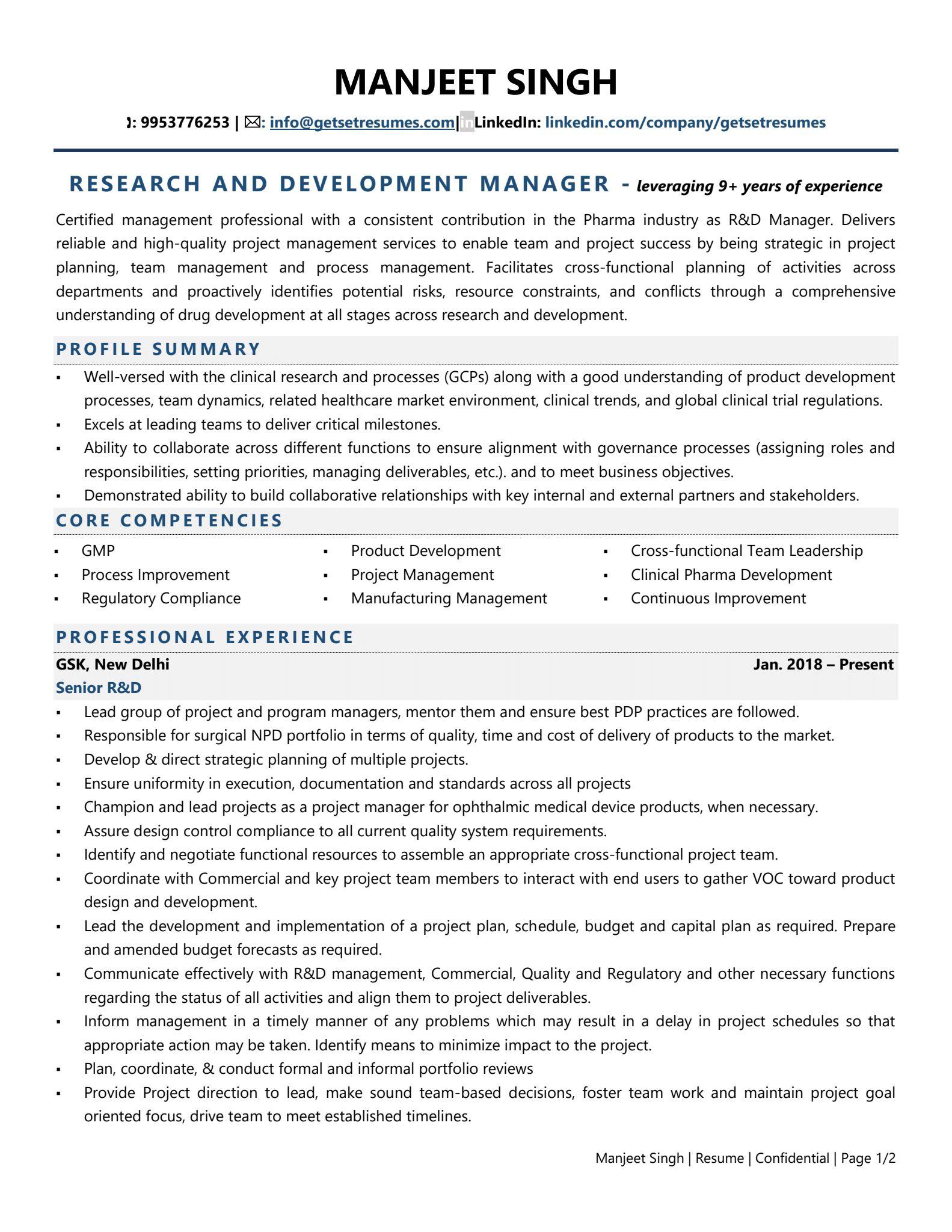 Research and Development Manager (Pharma) - Resume Example & Template
