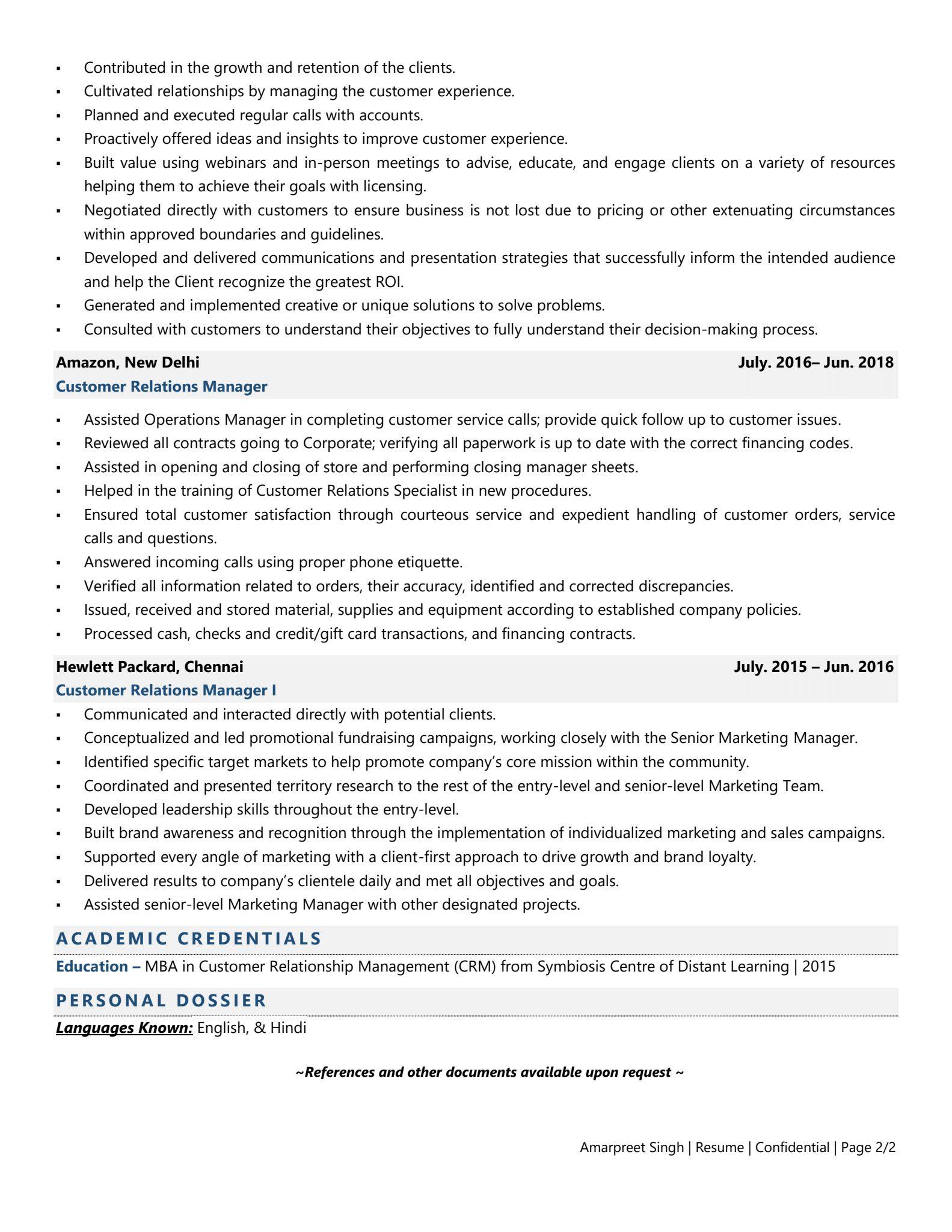 Client Relations Manager - Resume Example & Template