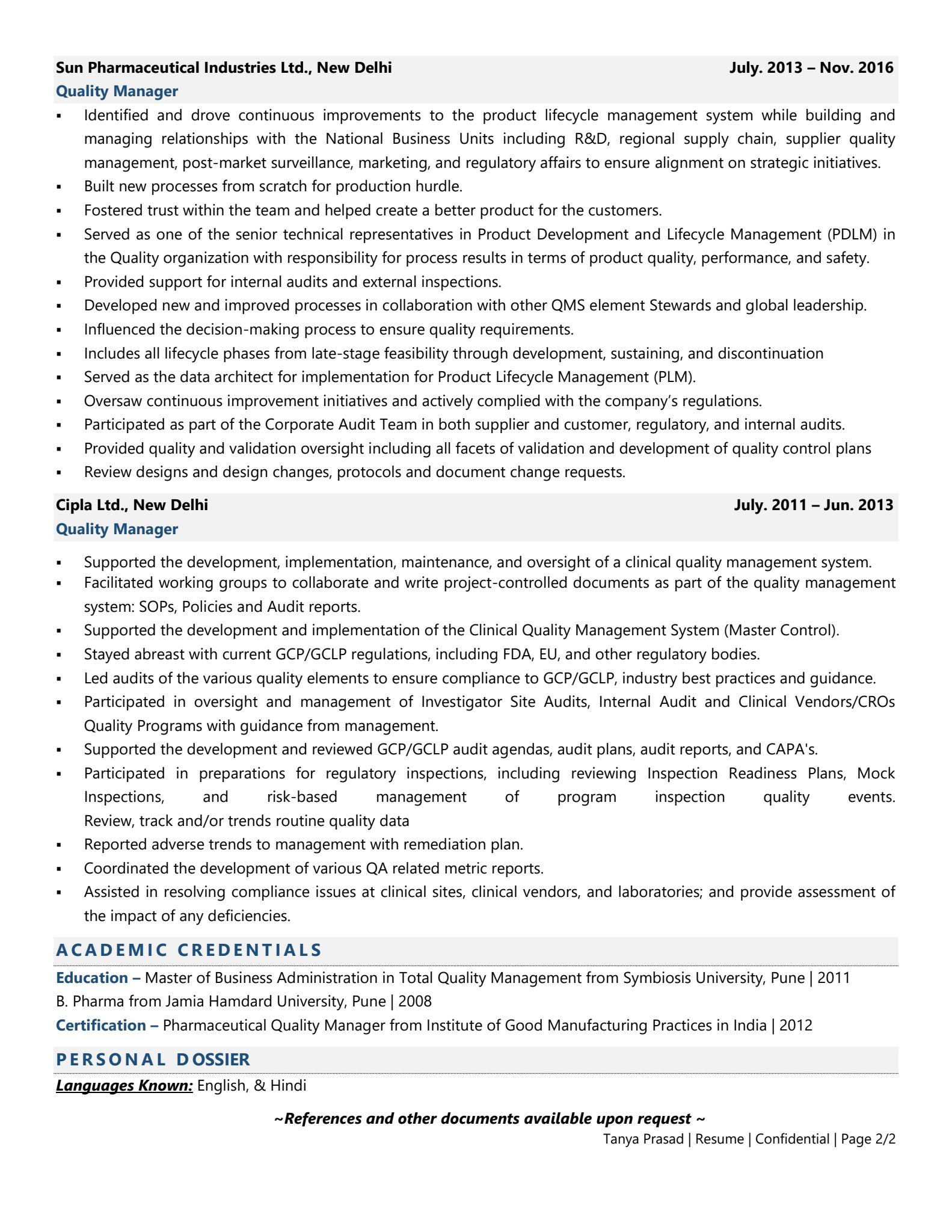 Quality Manager (Pharma) - Resume Example & Template