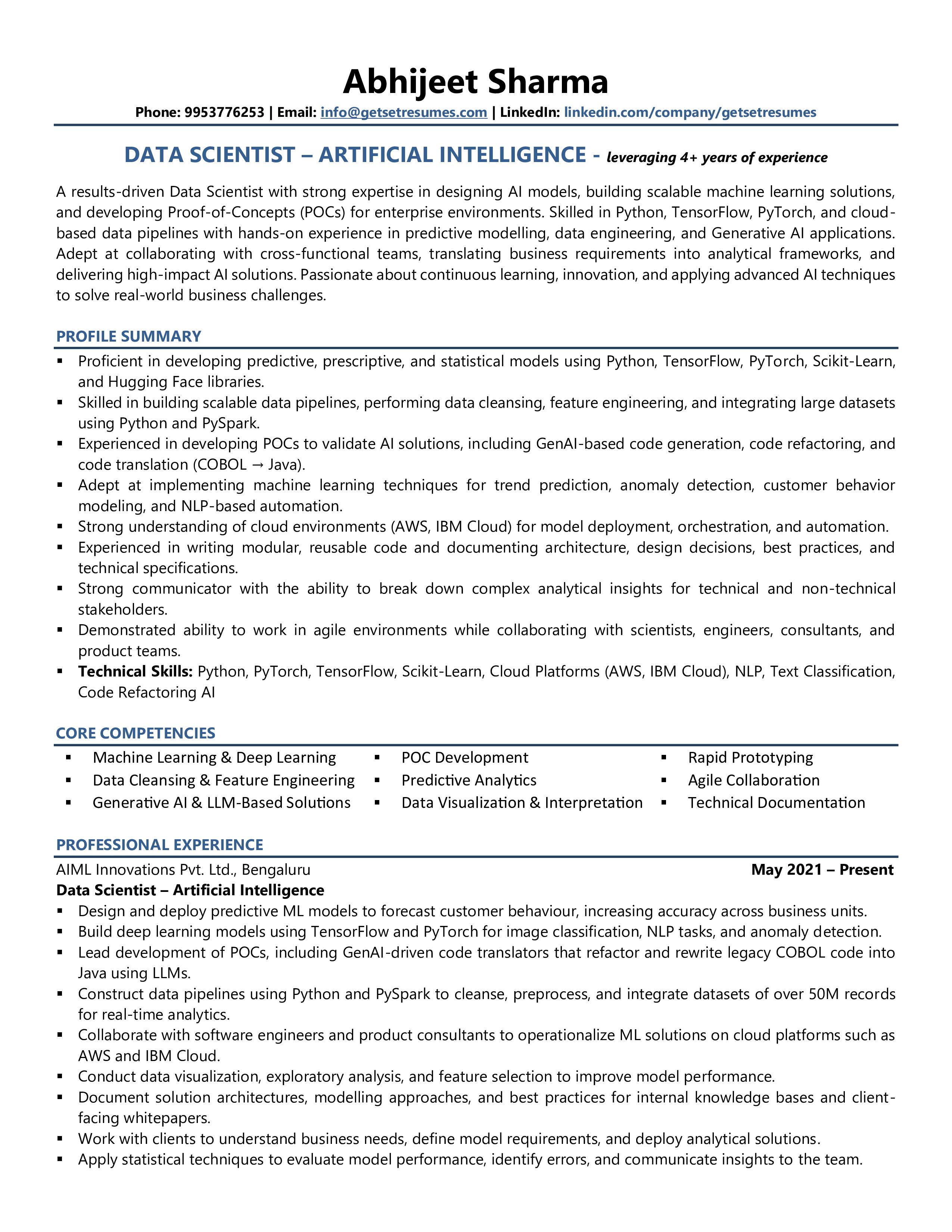 Data Scientist - AI - Resume Example & Template