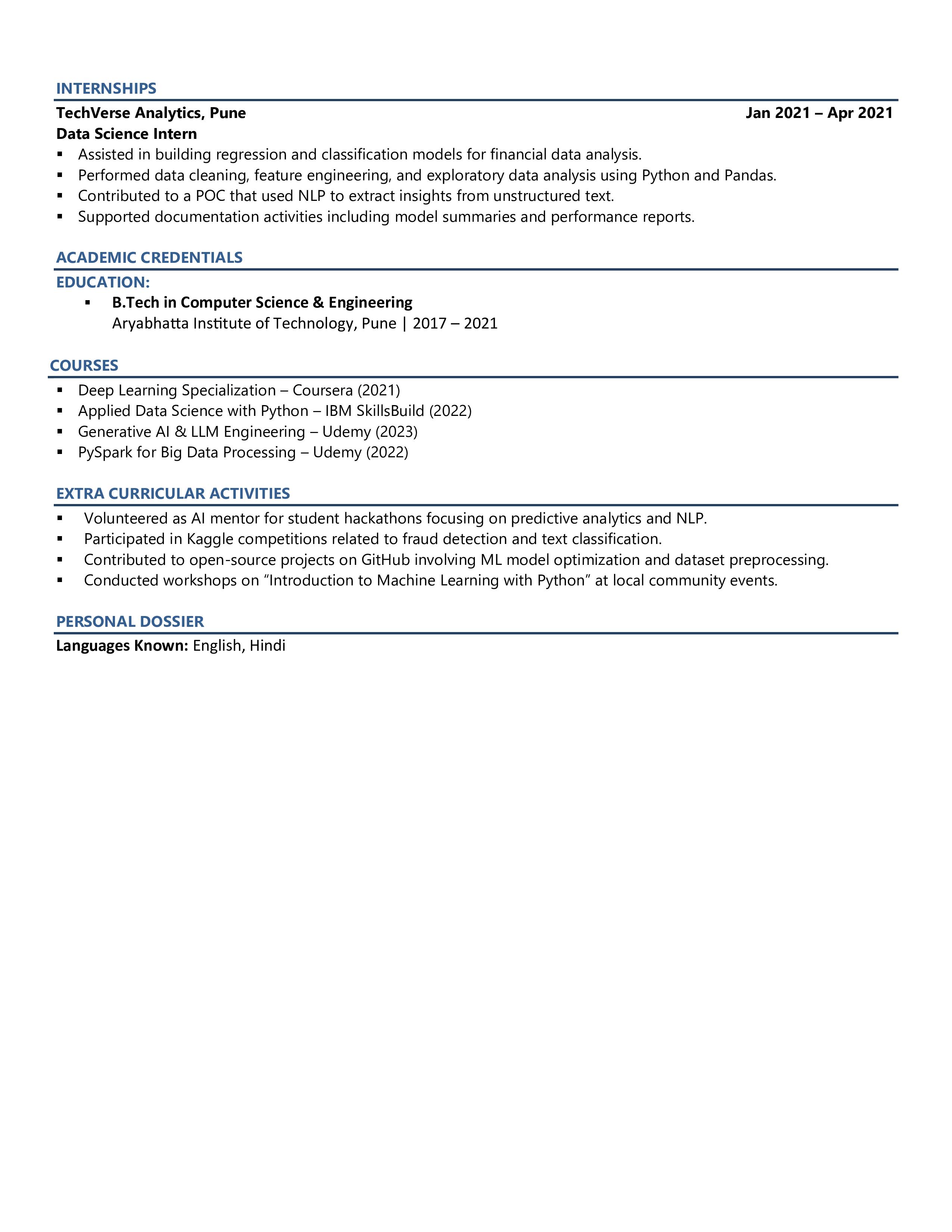 Data Scientist - AI - Resume Example & Template