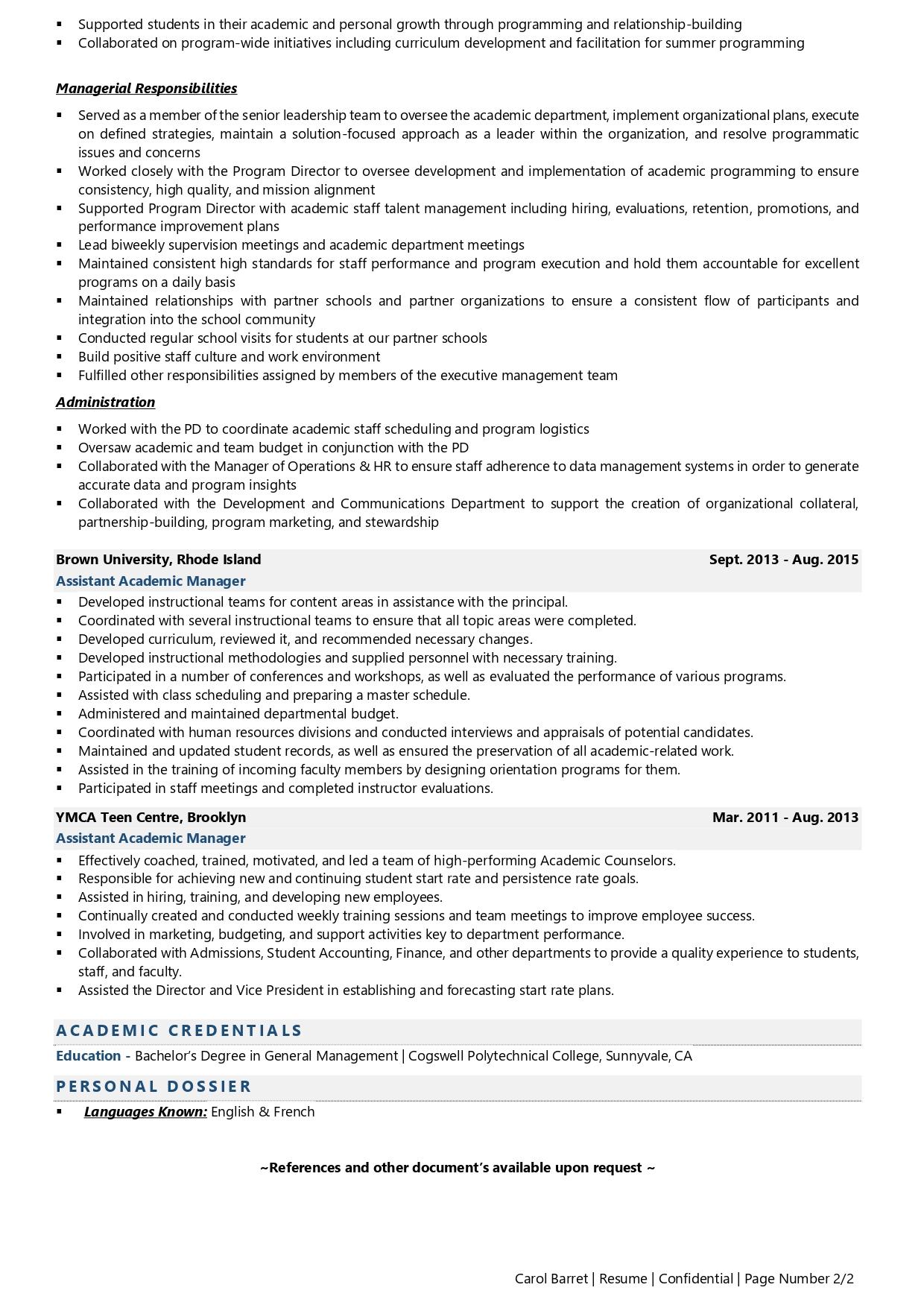 Academic Manager - Resume Example & Template