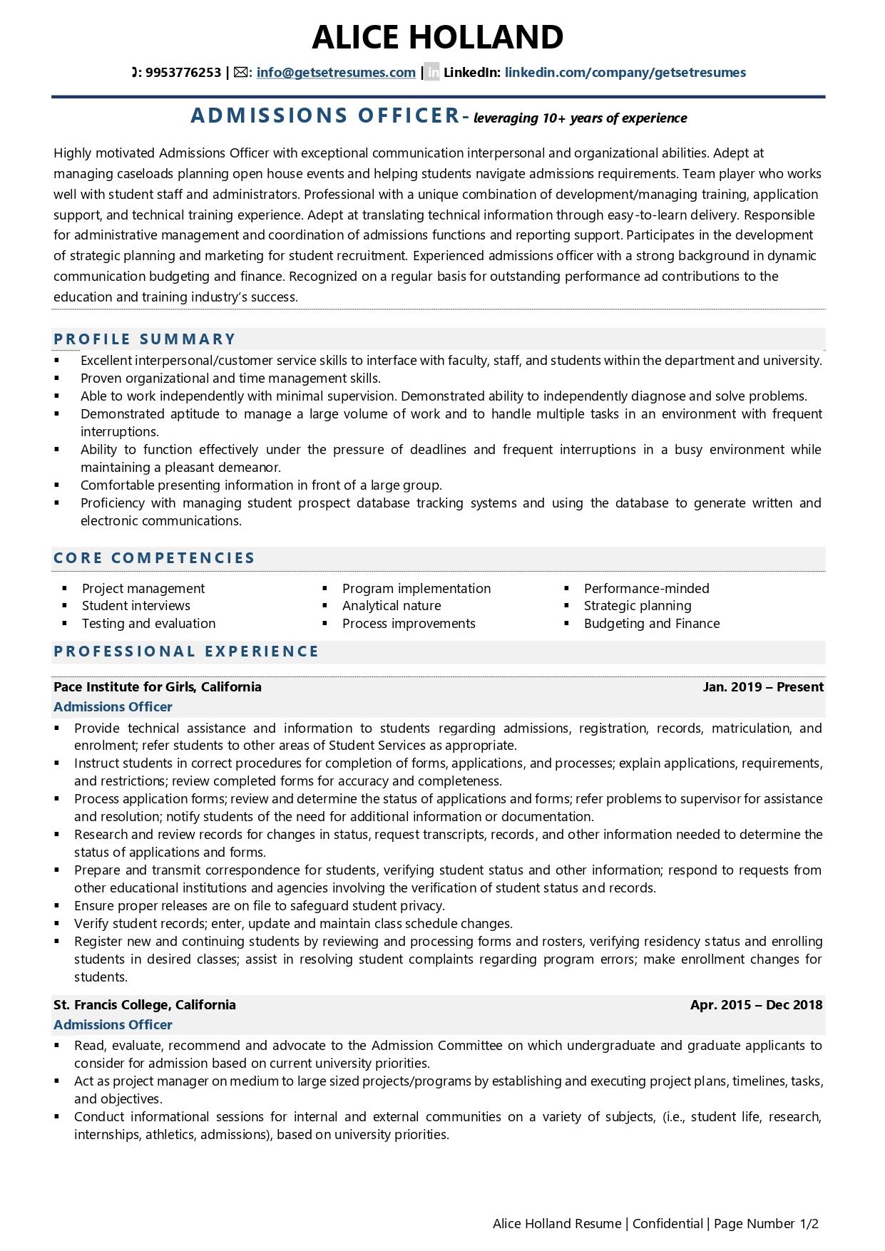 Admissions Officer - Resume Example & Template