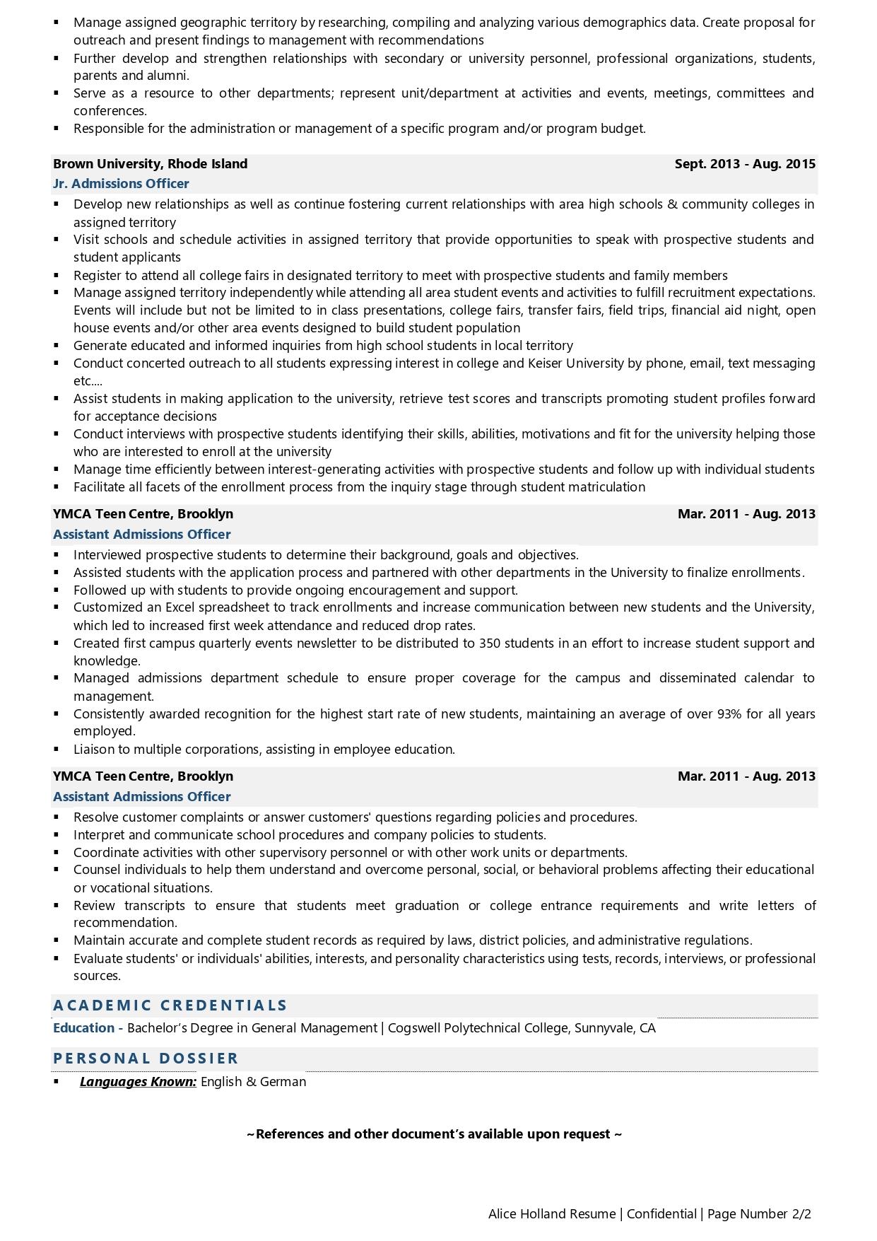 Admissions Officer - Resume Example & Template