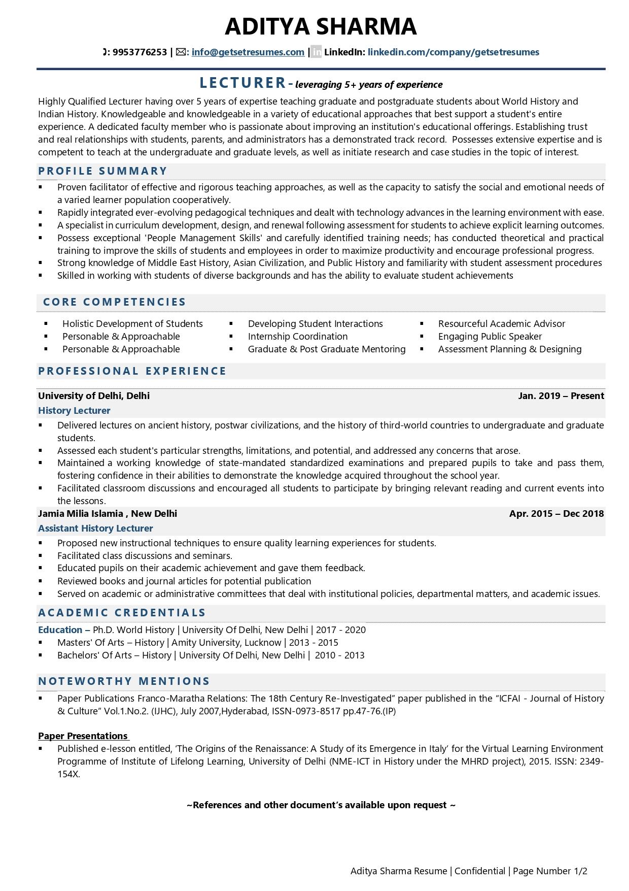 Lecturer - Resume Example & Template