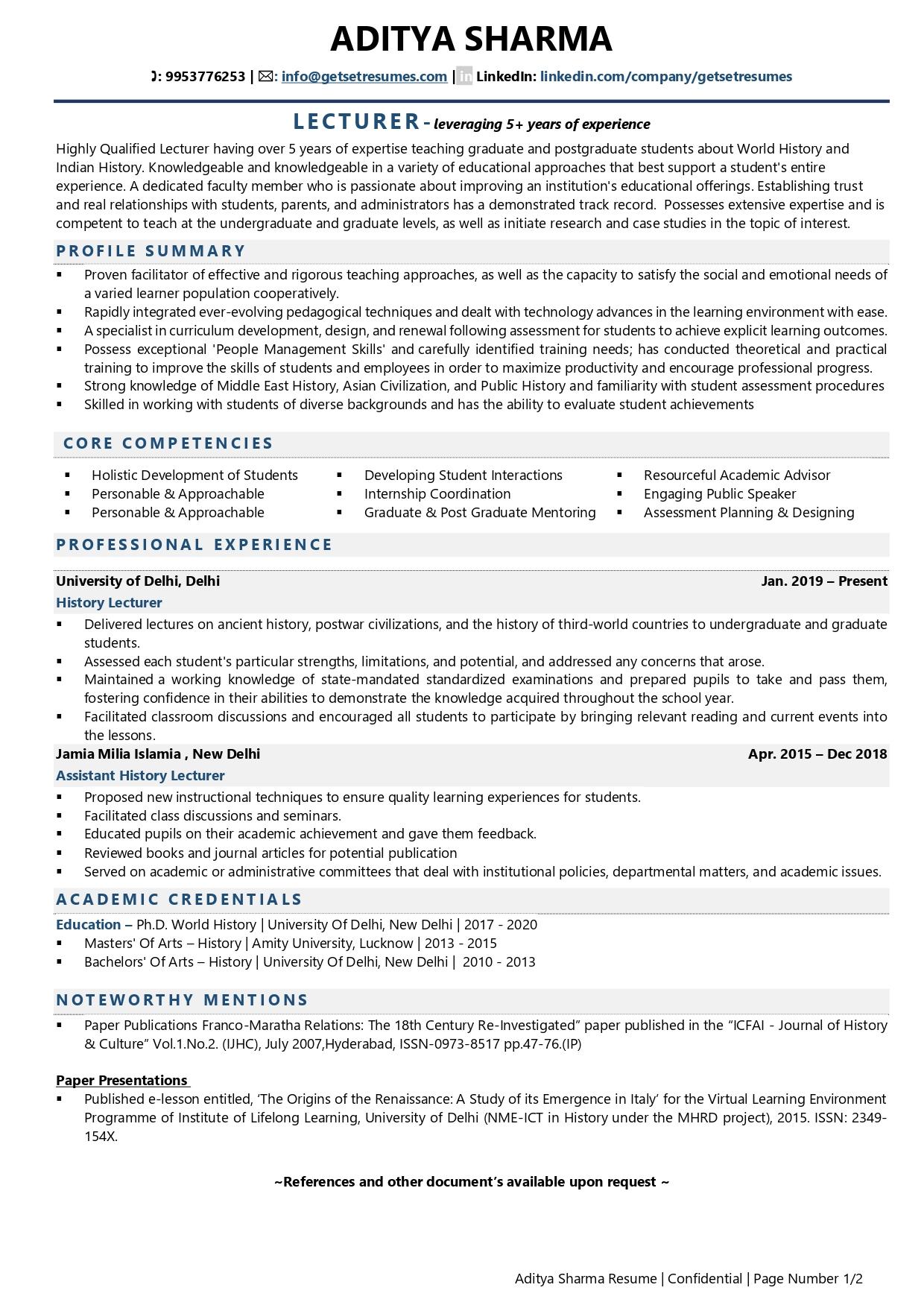 resume for college lecturer india