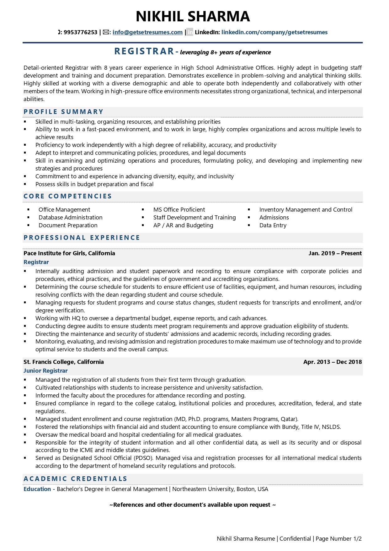 Registrar - Resume Example & Template