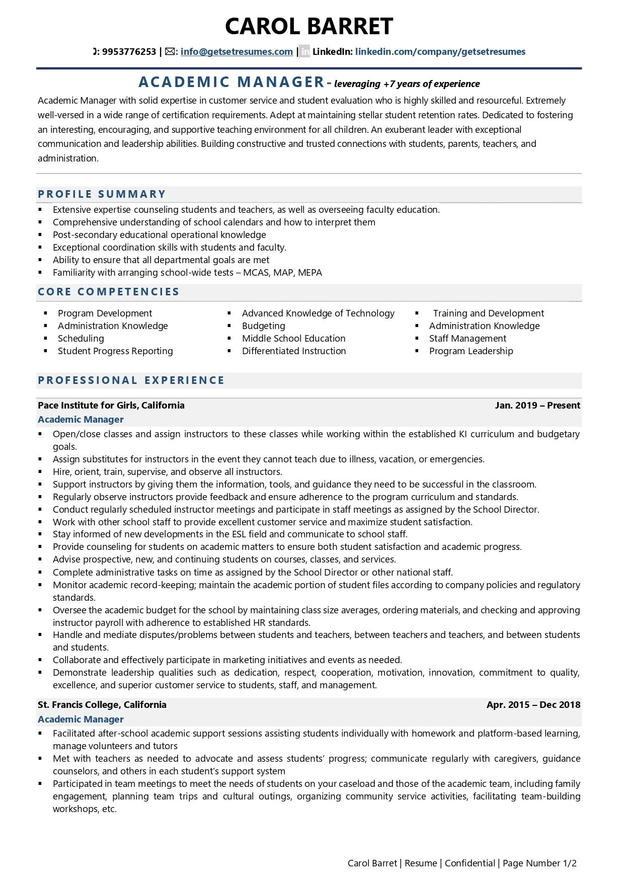 Academic Manager - Resume Example & Template