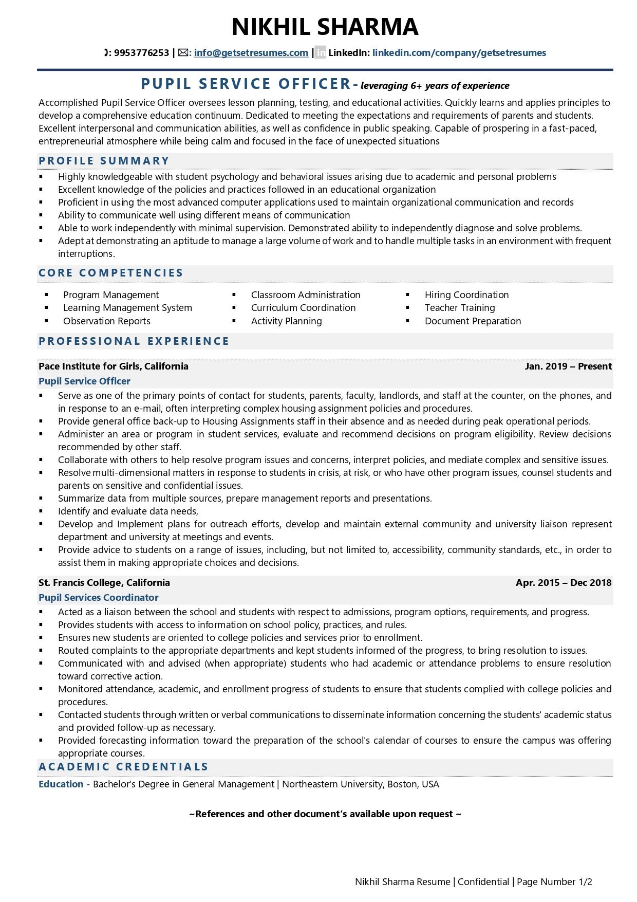 Pupil Services Officer - Resume Example & Template