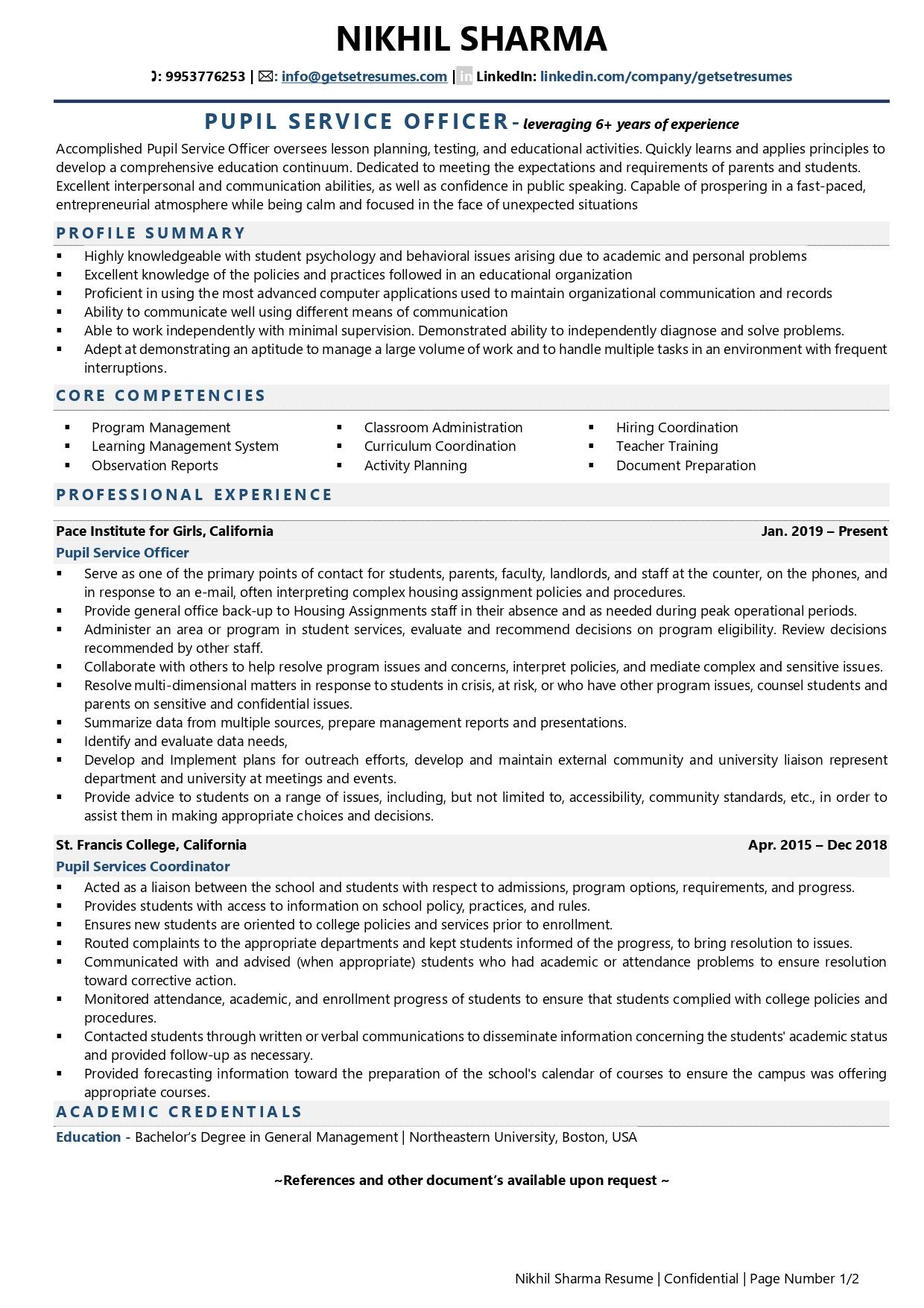 resume for education support officer