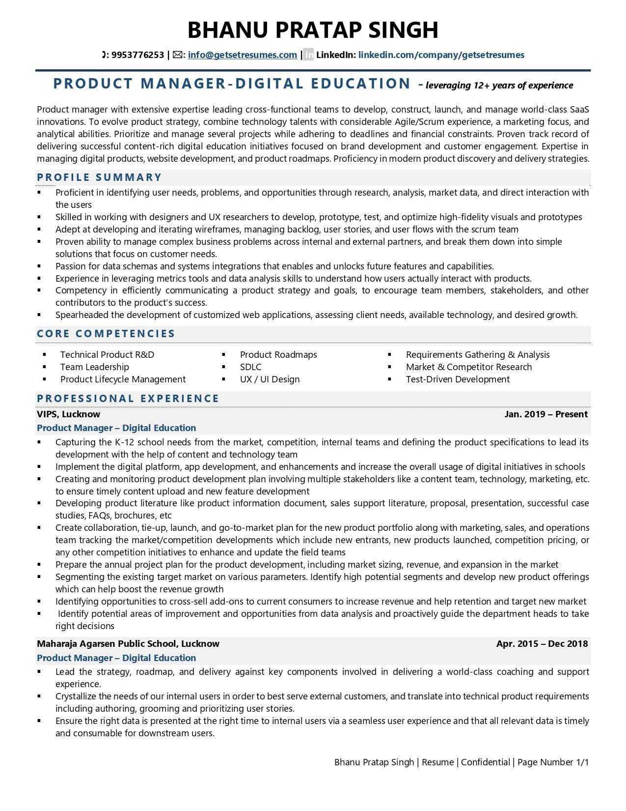Product Manager - Digital Education - Resume Example & Template