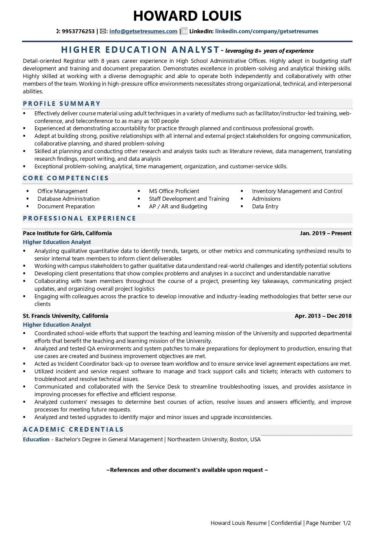 Higher Education Analyst - Resume Example & Template