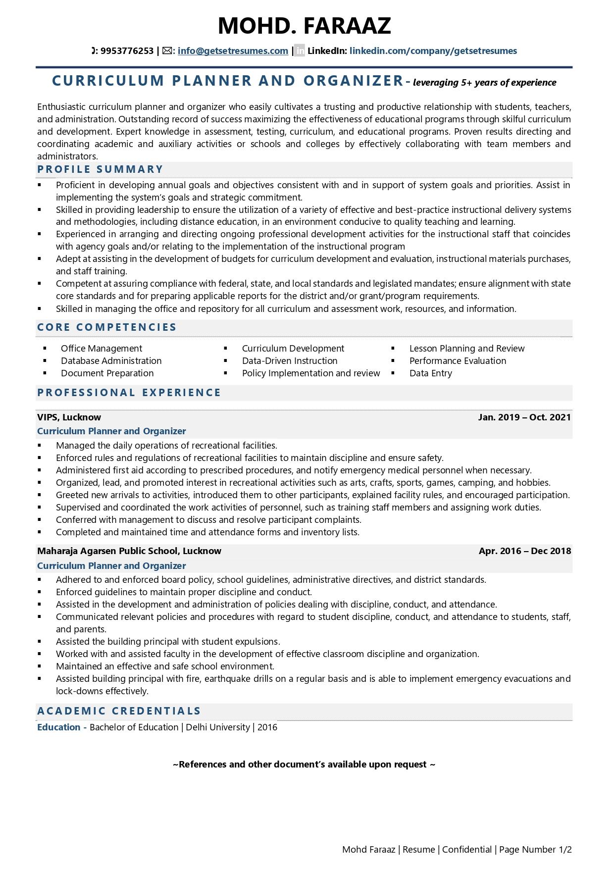 Curriculum Planner & Organizer - Resume Example & Template