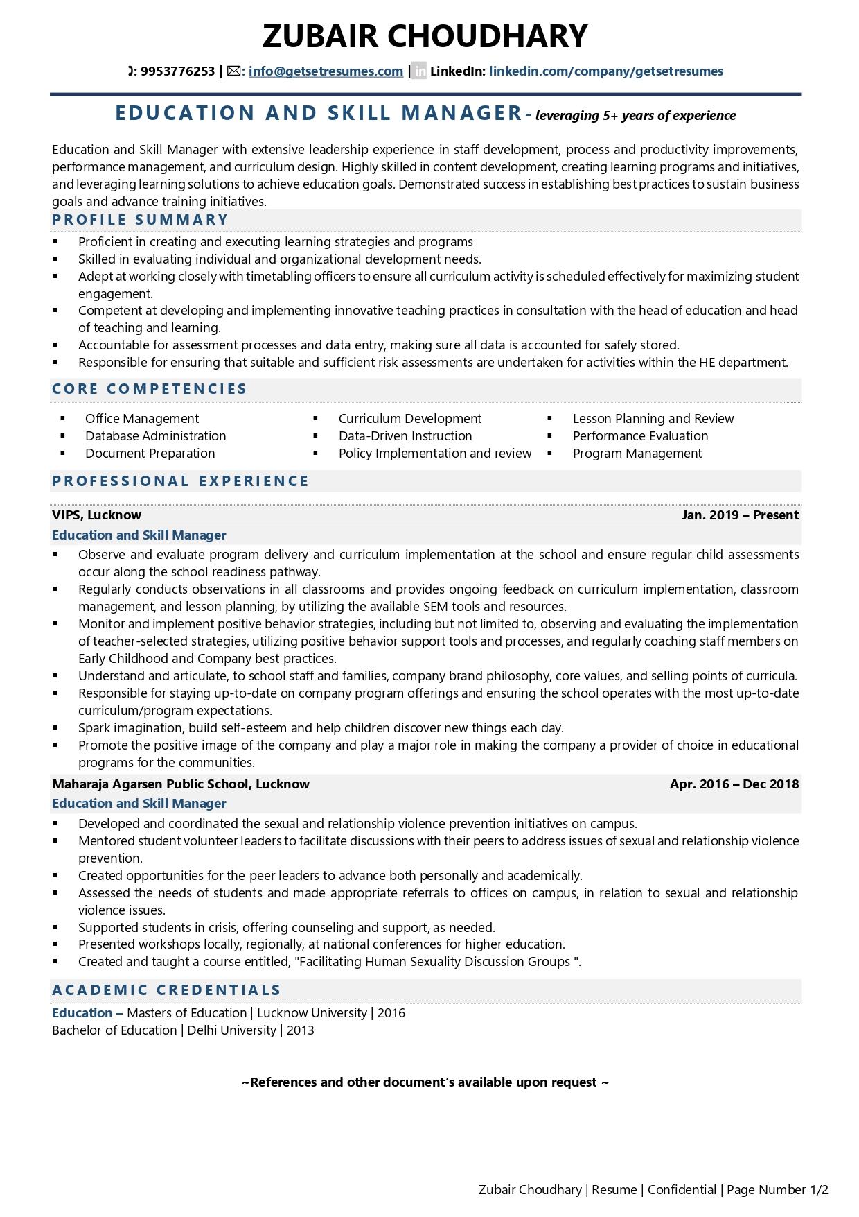 Education & Skill Manager - Resume Example & Template