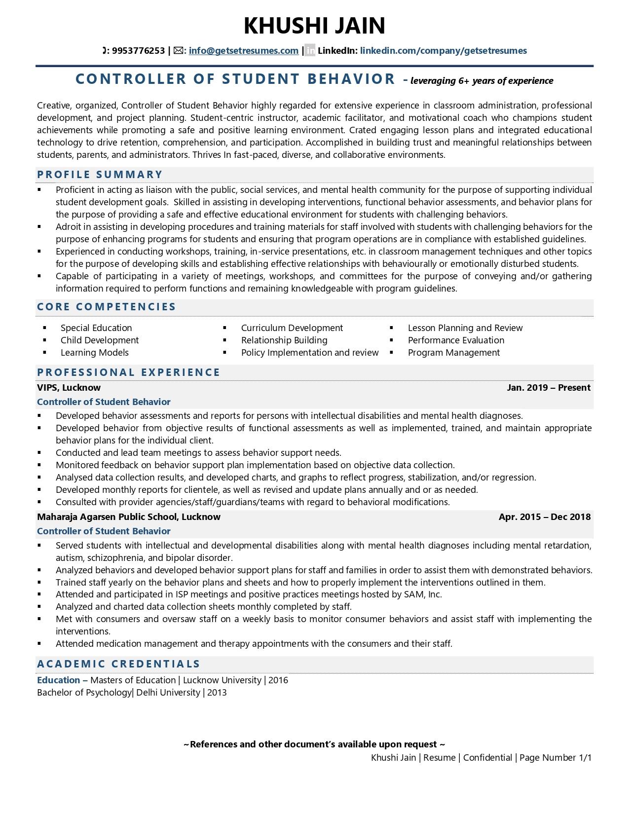 Controller of Student Behaviour - Resume Example & Template