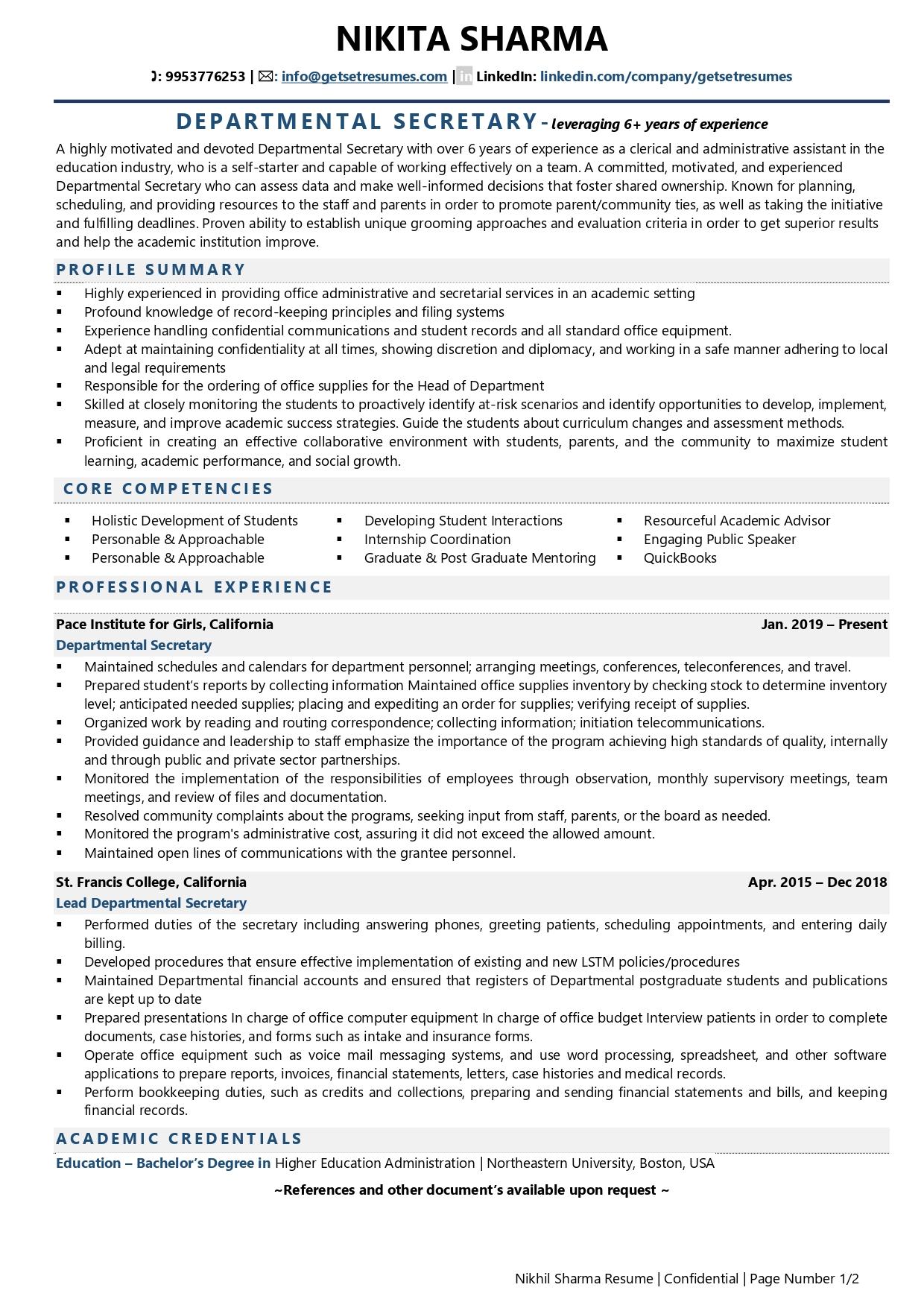 Departmental Secretary - Resume Example & Template