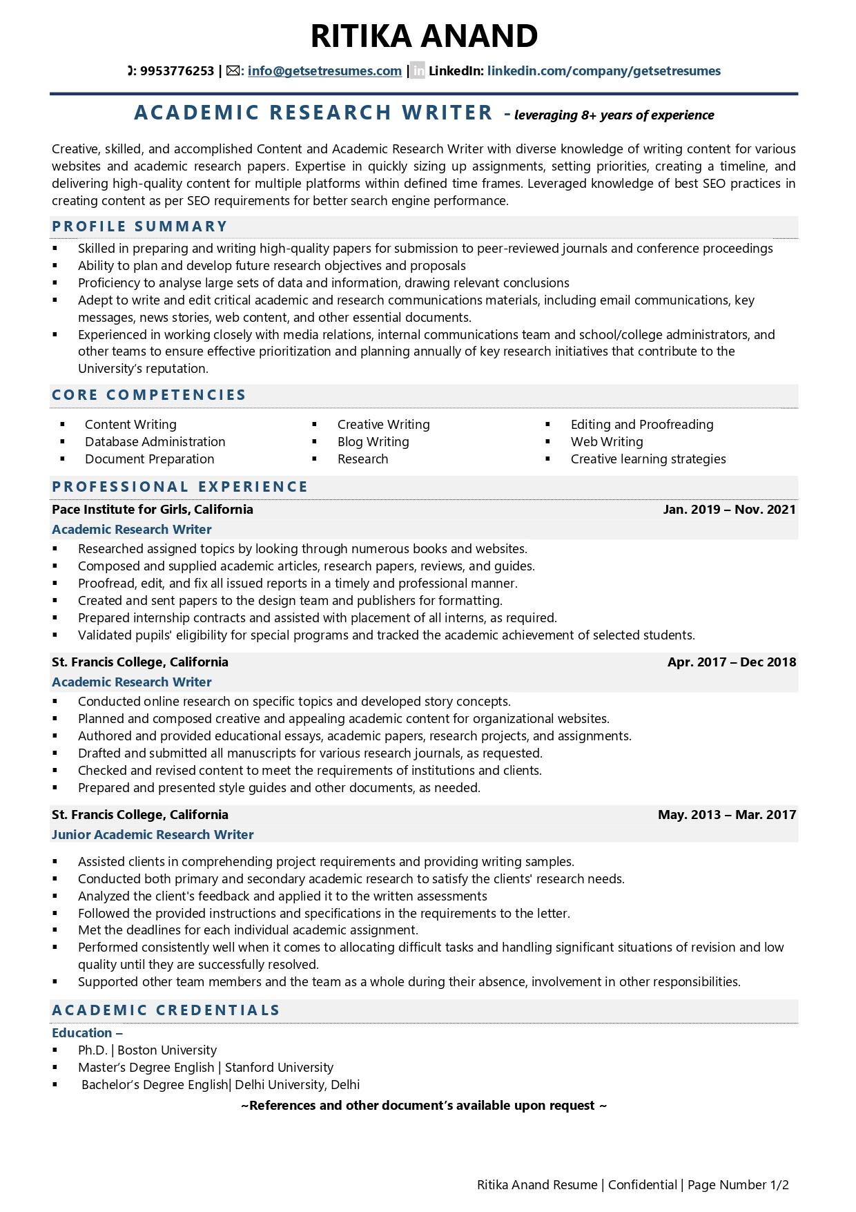 Academic Research Writer - Resume Example & Template