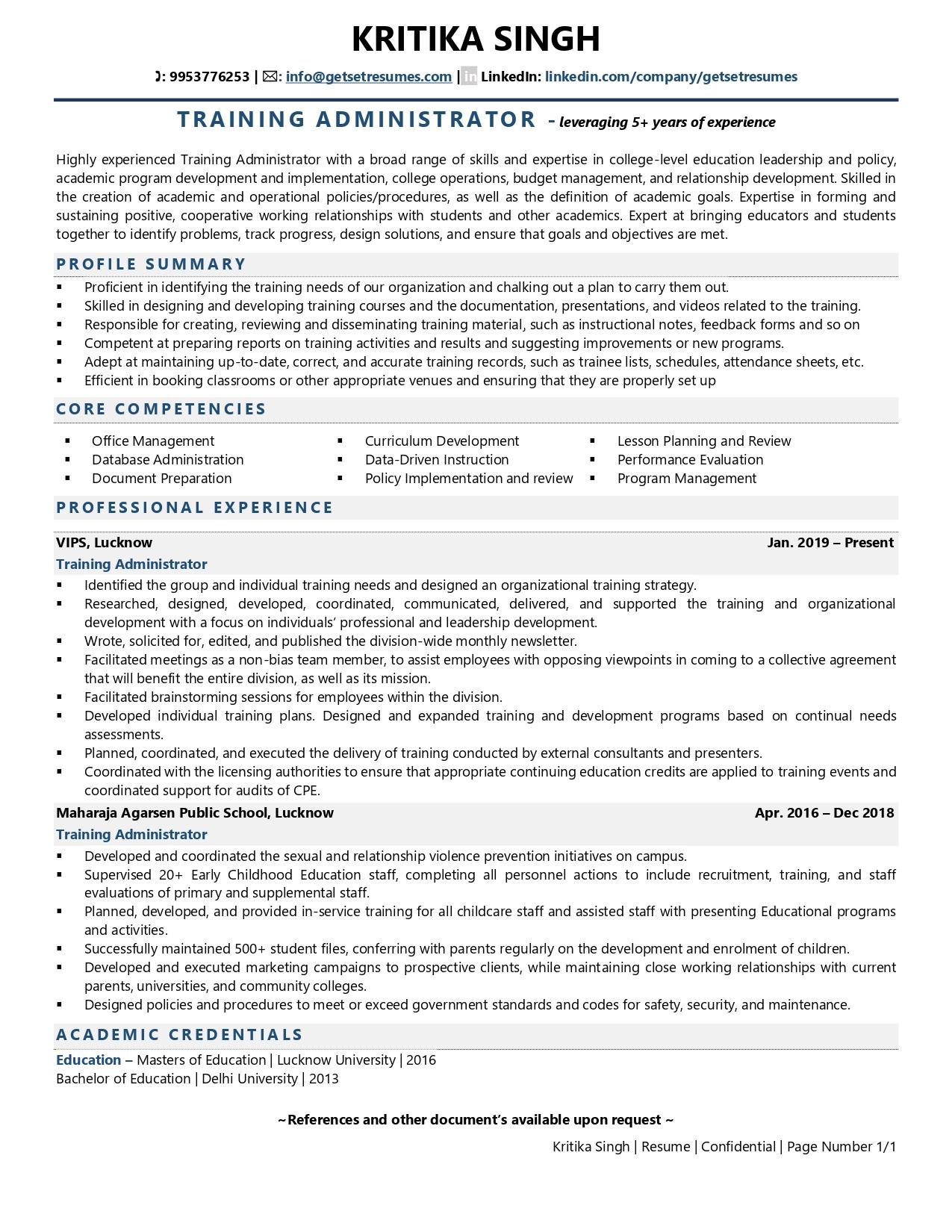 Training Administrator - Resume Example & Template