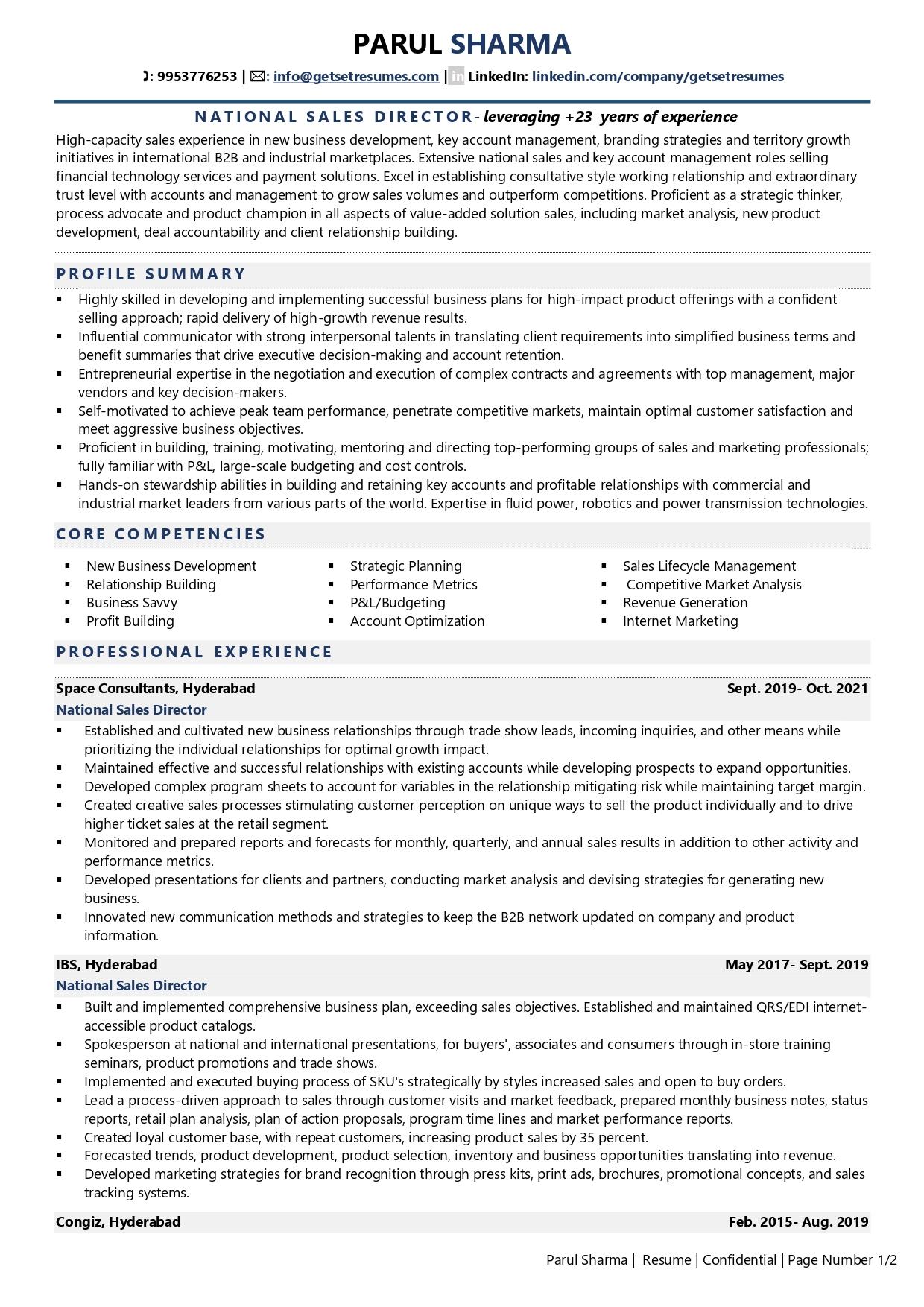 National Sales Director - Resume Example & Template