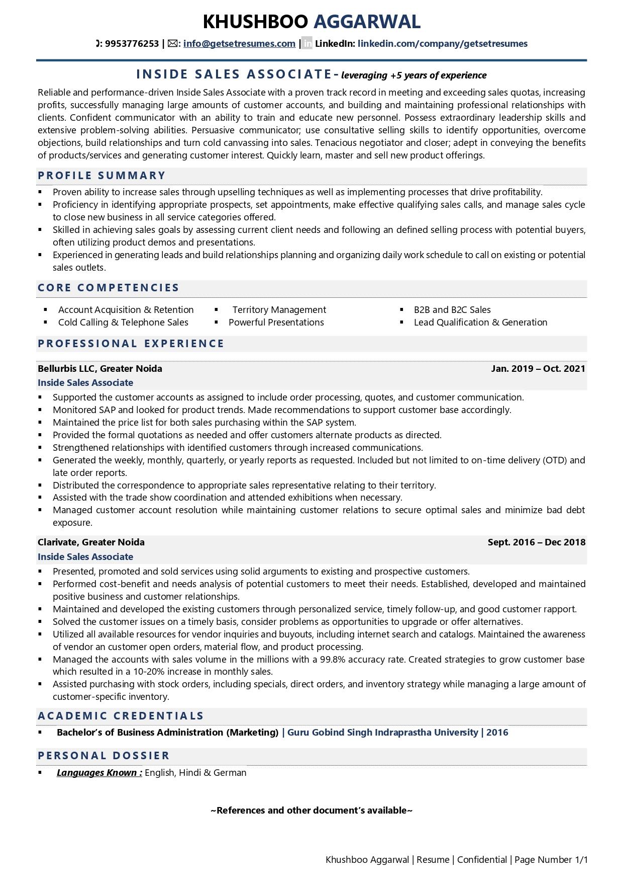 Inside Sales Associate - Resume Example & Template