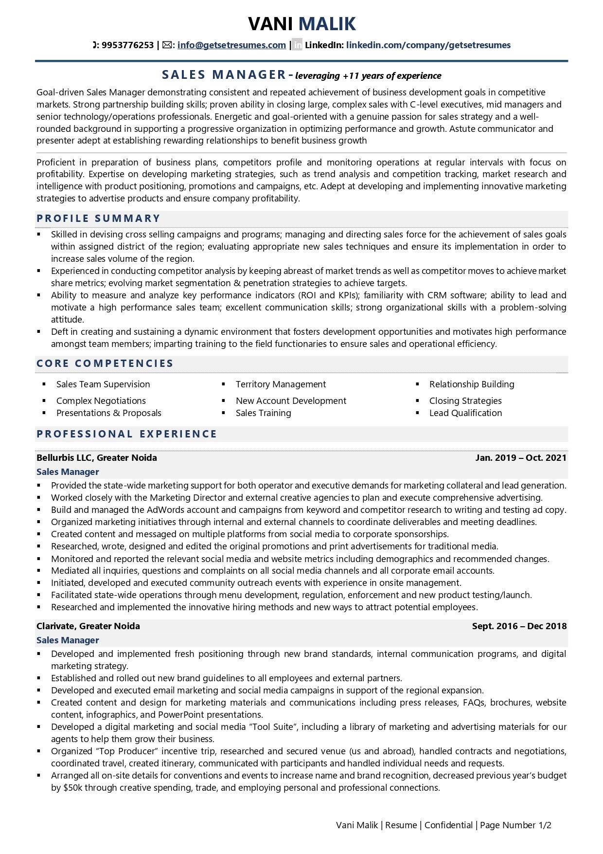 Sales Manager - Resume Example & Template