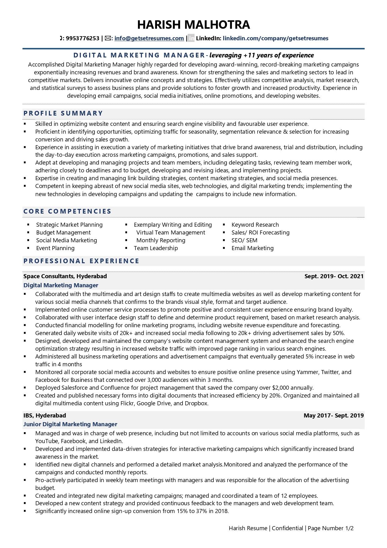 Digital Marketing Manager - Resume Example & Template