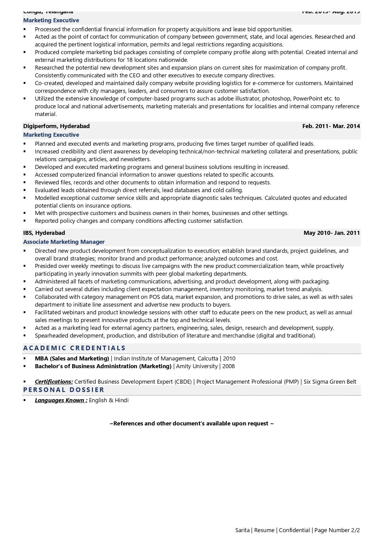 resume sample for marketing executive