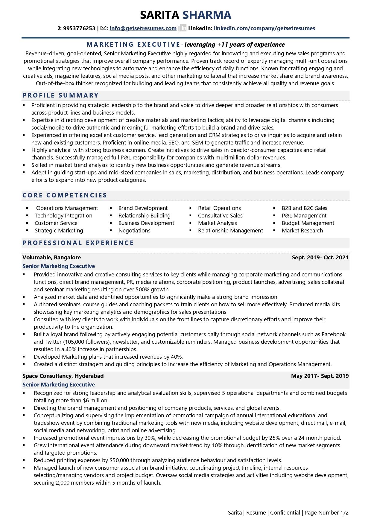 Marketing Executive / Telecaller - Resume Example & Template