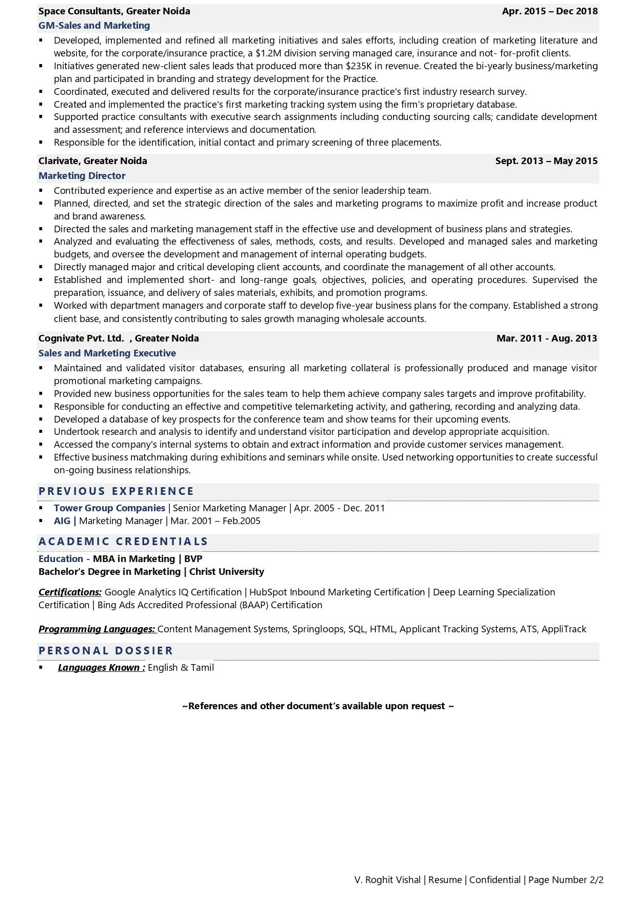 GM – Sales & Marketing - Resume Example & Template