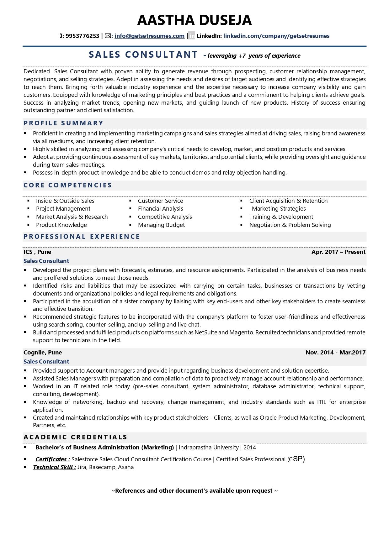 Sales Consultant - Resume Example & Template