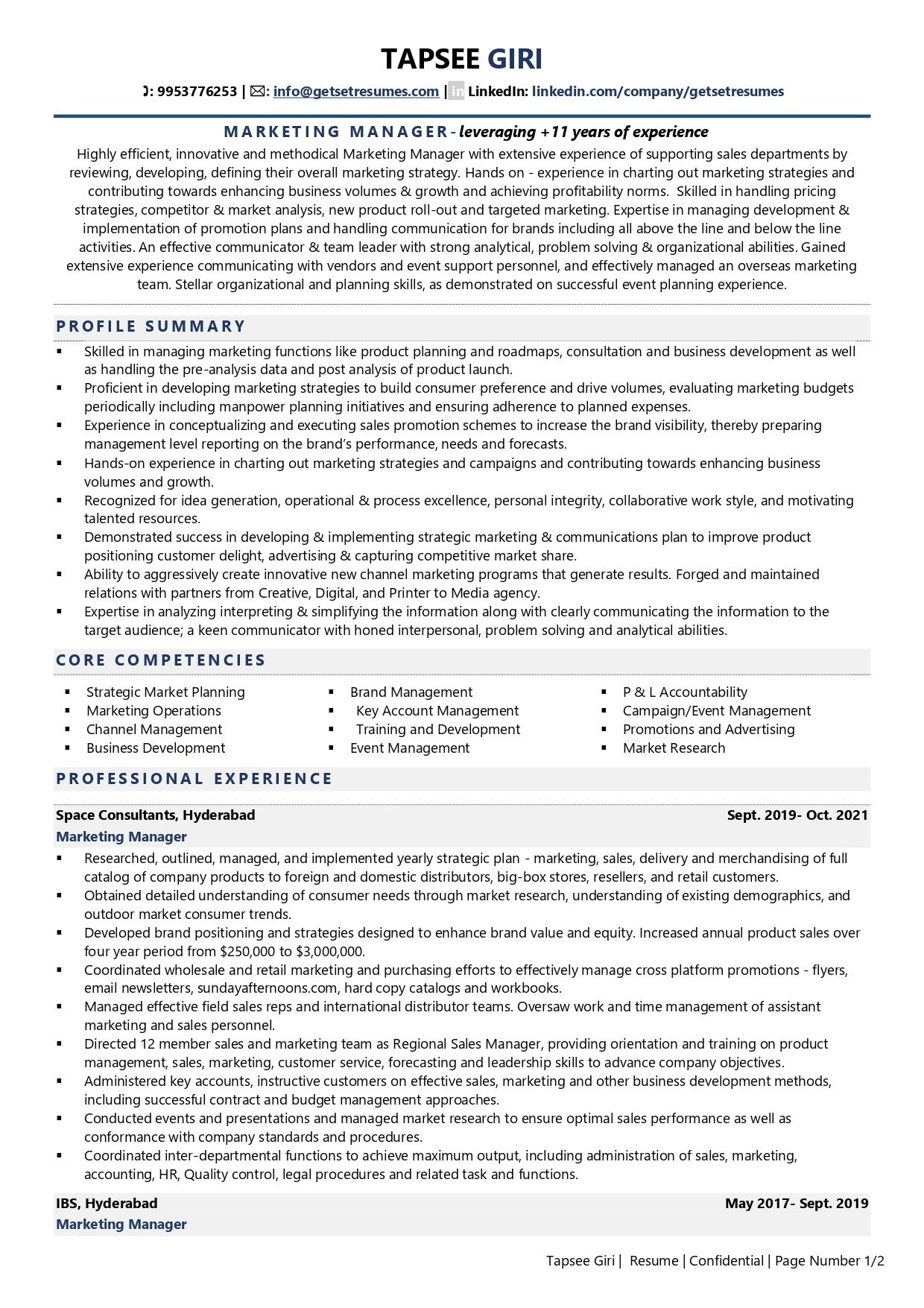 Marketing Manager - Resume Example & Template