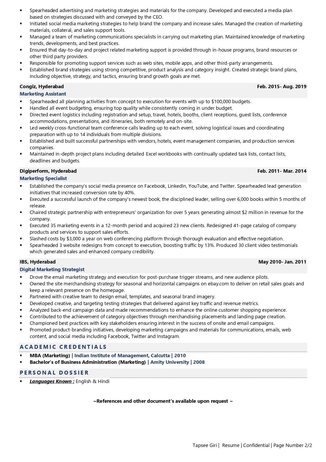 Marketing Manager - Resume Example & Template