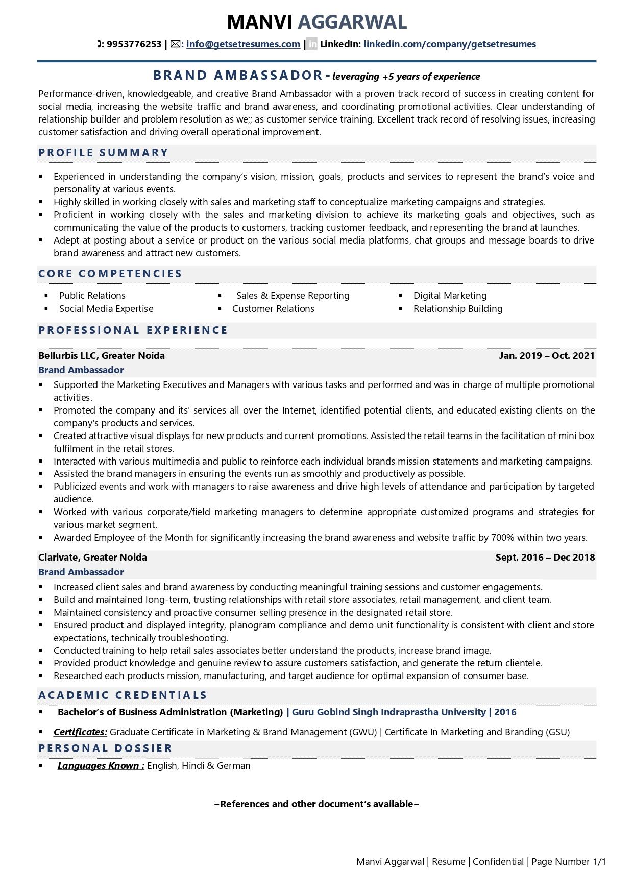 Brand Ambassador - Resume Example & Template