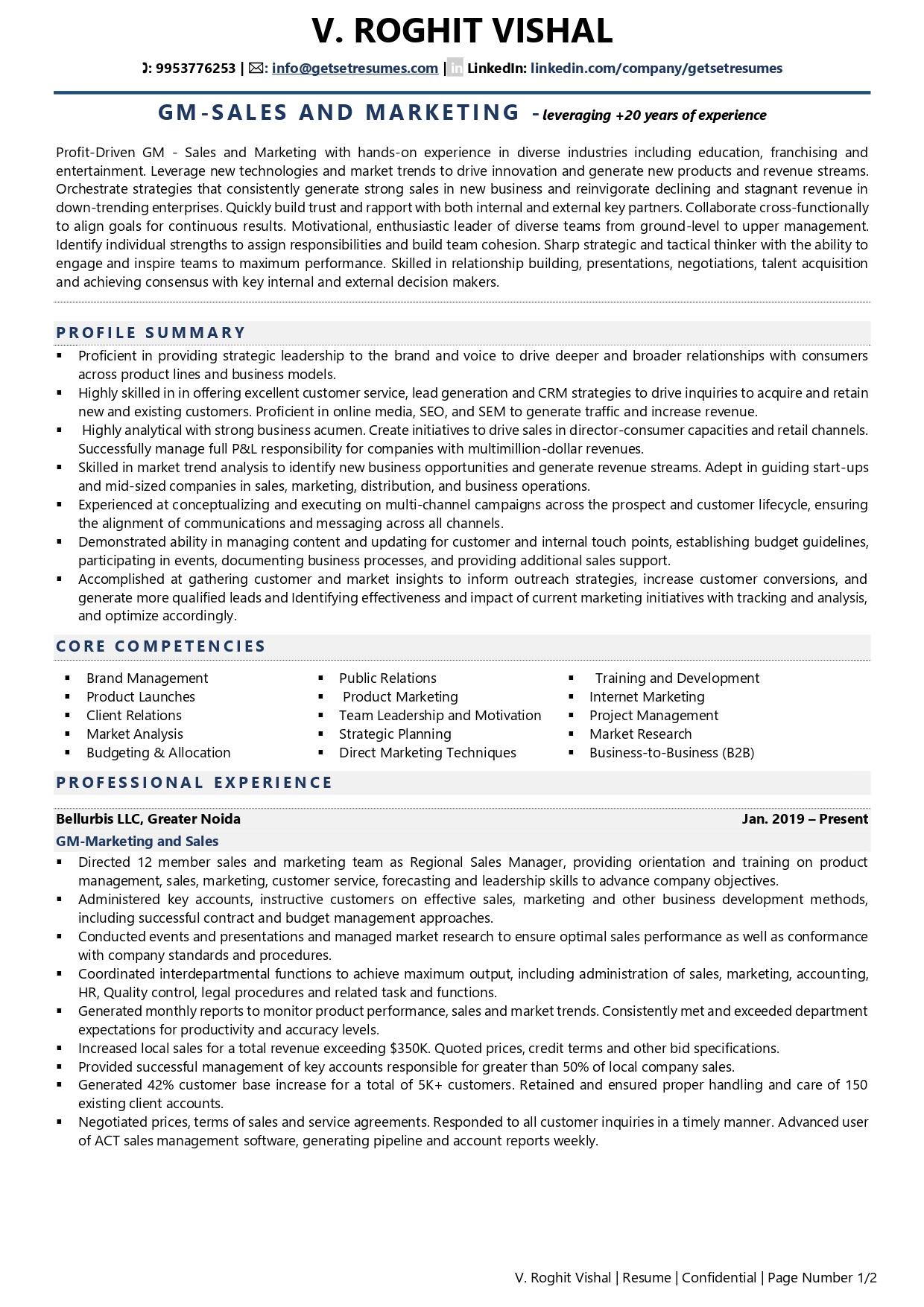 GM – Sales & Marketing - Resume Example & Template