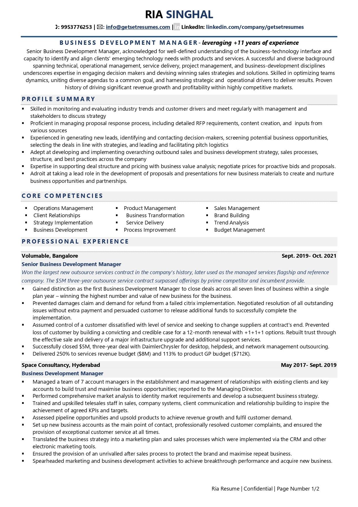 resume sample for business development representative