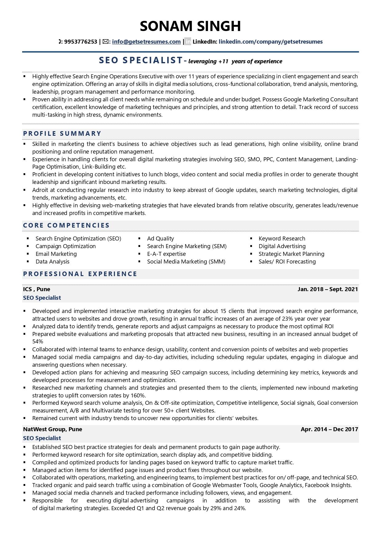 SEO Specialist - Resume Example & Template