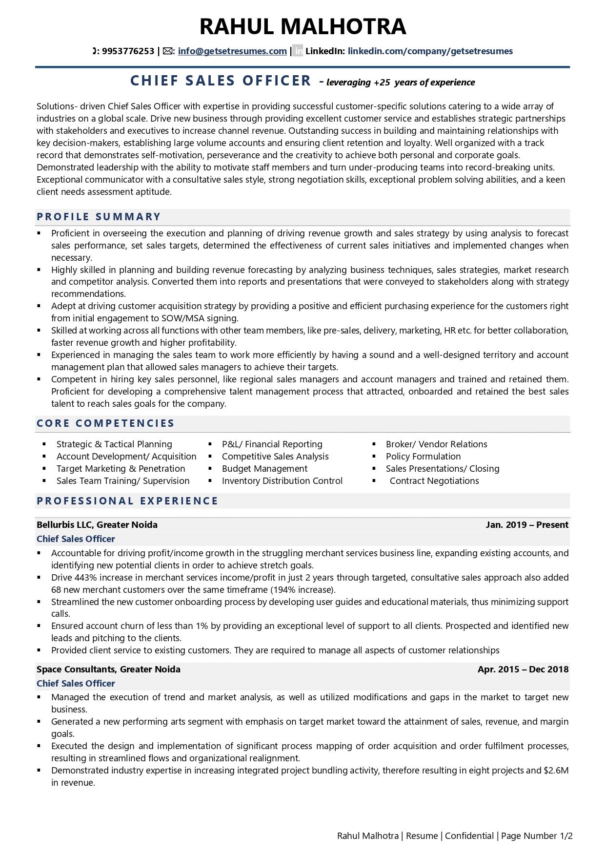 Chief Sales Officer - Resume Example & Template