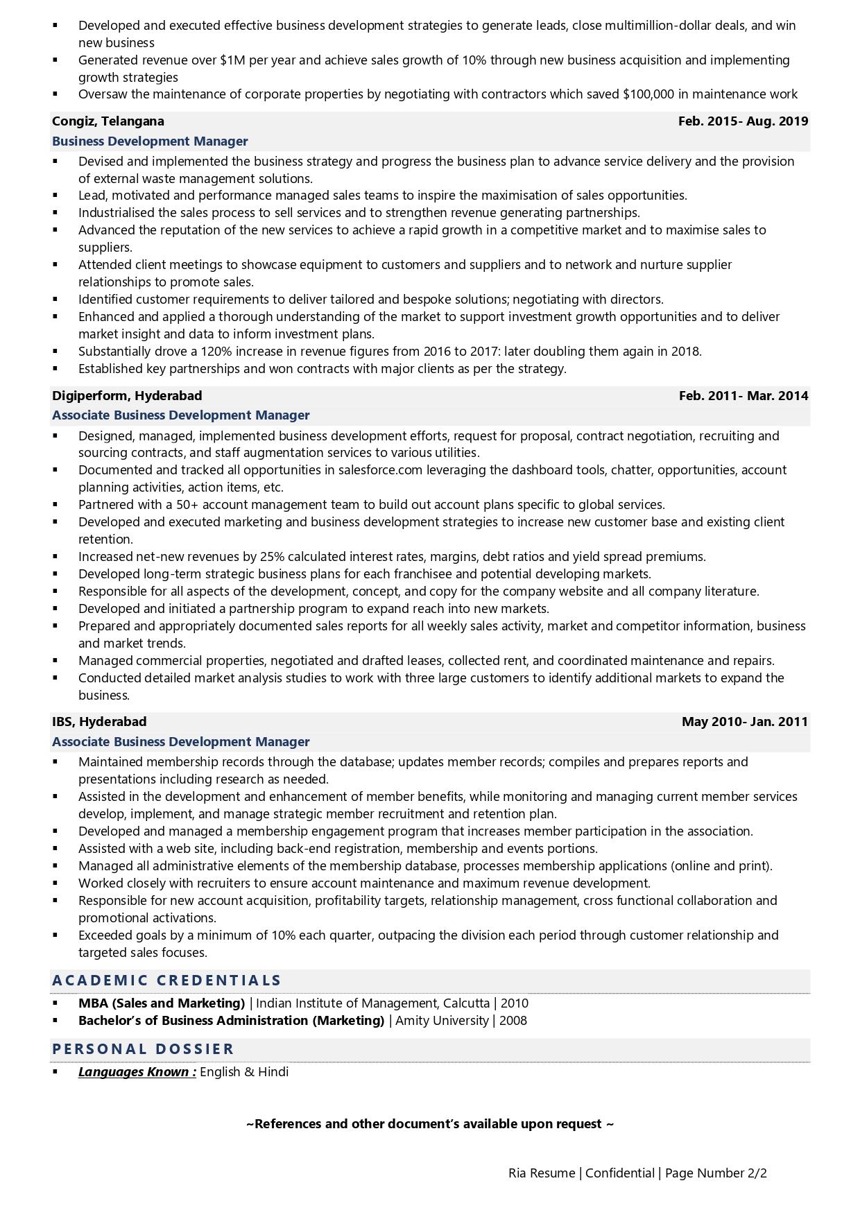 resume of business development manager