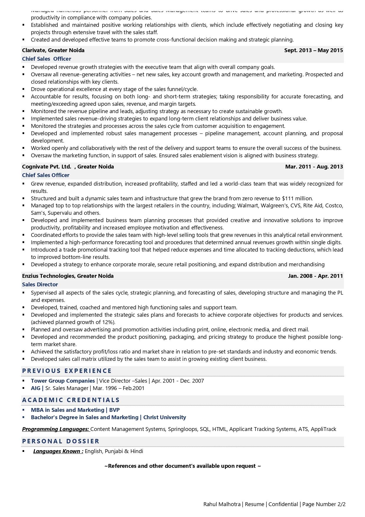 Chief Sales Officer - Resume Example & Template